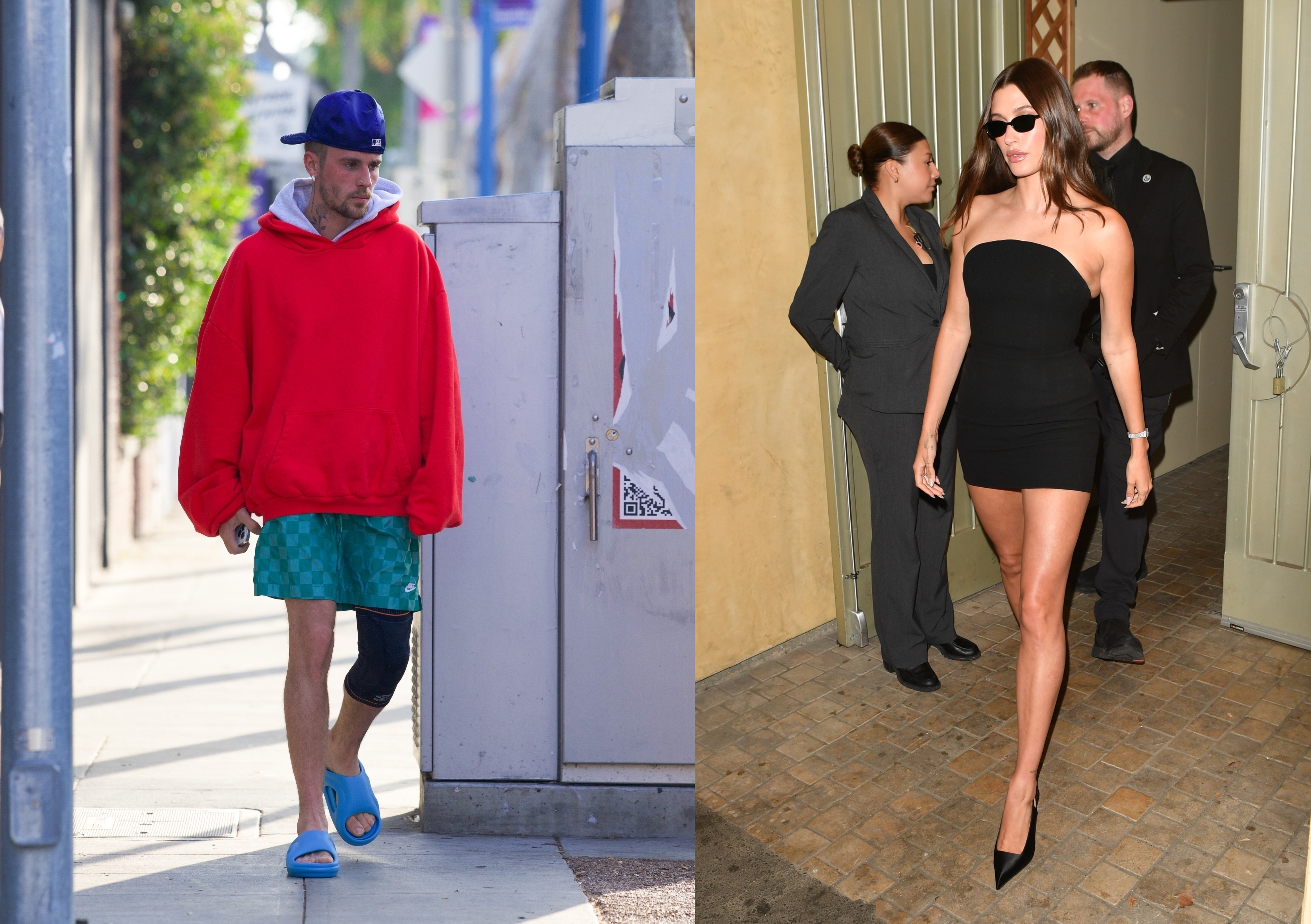 小賈斯汀（左）6月初出門時被人拍到十分隨性的打扮，恰好跟老婆海莉（右）順利達成價值美金10億元商業交易後的意氣風發成反比，加深了外界的揣測。（東方IC）