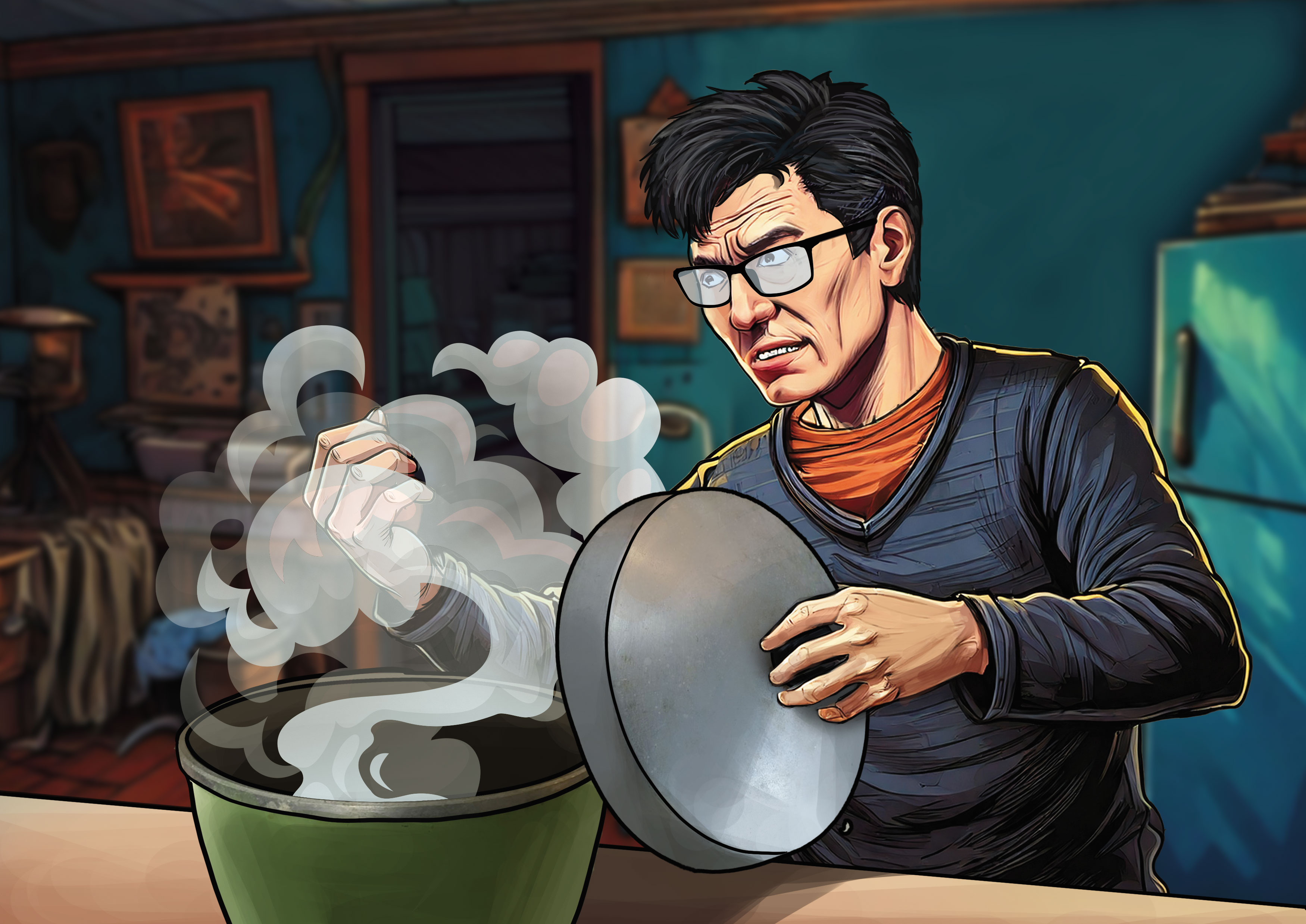 →陳雲輝殺害岳父母後分屍，並將死者的心臟、肝臟放進電鍋蒸煮。（AI繪圖Adobe Firefly生成，本刊美術組後製）