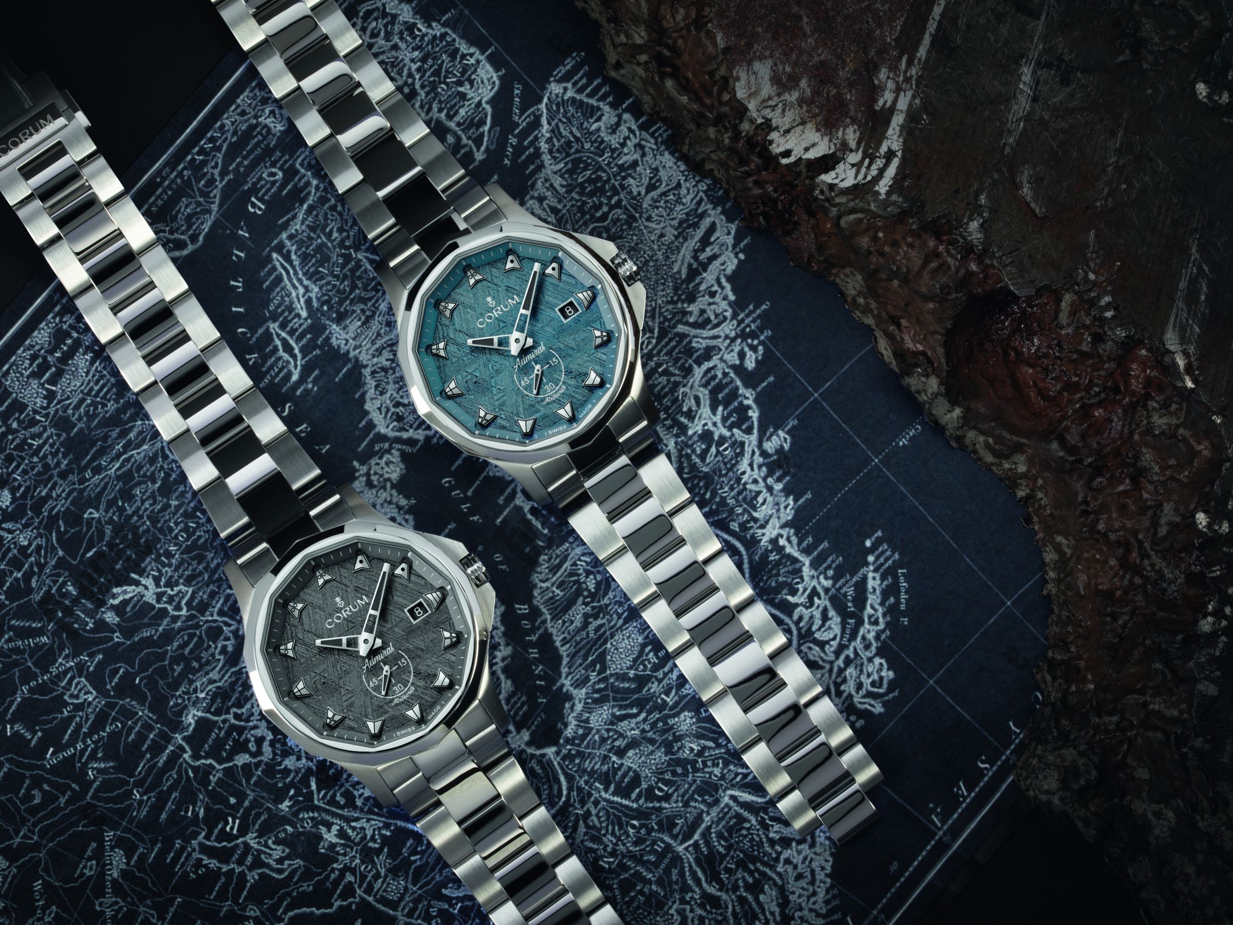 CORUM Admiral 42 Meteorite/尺寸:42mm/材質:精鋼/功能:時、分、小秒指示;日期顯示/機芯:CO 395自動上鍊機芯/定價:CHF 7,900(折合台幣約28萬元)