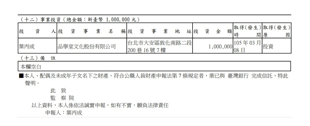 葉丙成在投資申報的欄目中，只有品學堂一間公司，信託部分也未見幫你優的資料。（翻攝監察院網站）