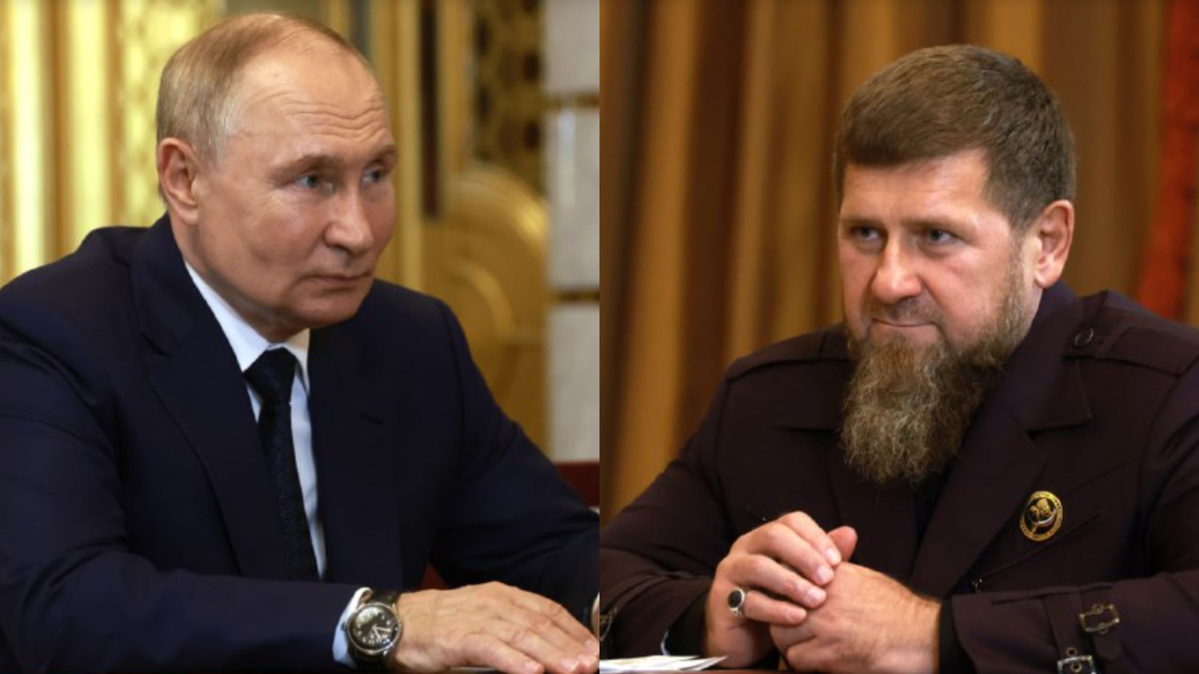 普丁(左)至車臣共和國訪問,會見該國領導人卡德羅夫(右)(Ramzan Kadyrov )。(翻攝Telegram@ Kremlin. News)