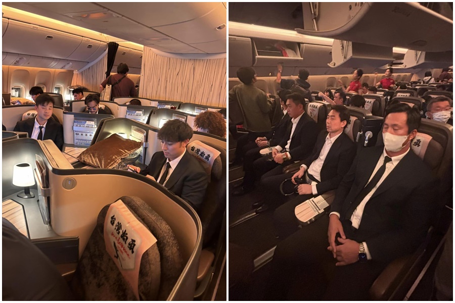 一名網友透露在班機上，直擊王建民、彭政閔與蔡其昌坐在豪經艙，把位子讓給其他球員們。（翻攝自show4653 Threads）