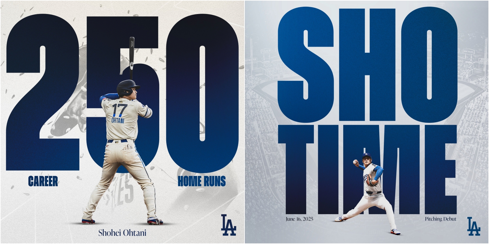 大谷翔平剛達成MLB生涯250轟，明天又將站回投手丘。（翻攝自X @Dodgers）