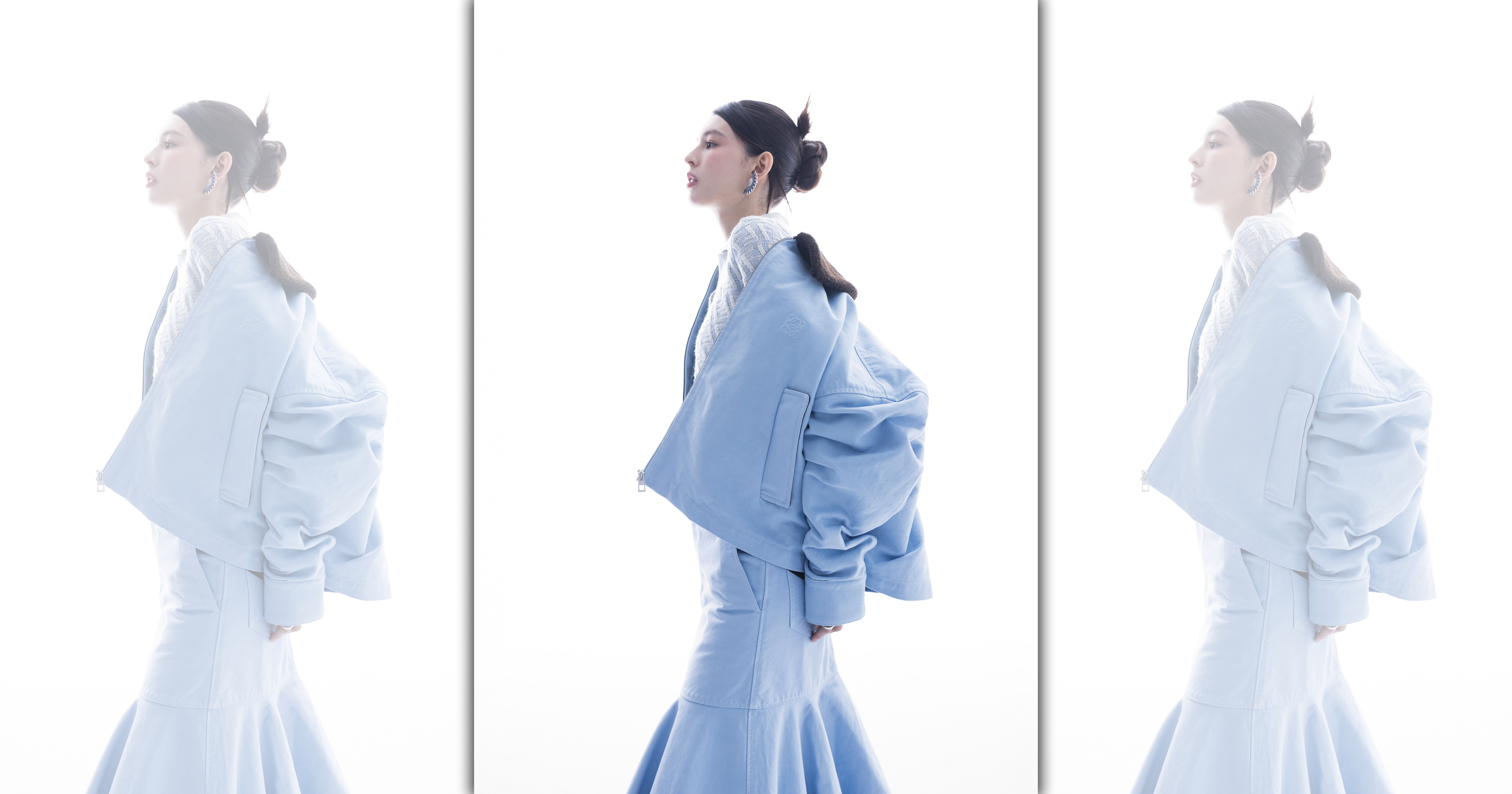 淺藍色夾克 NT$107,000 by LOEWE／FF LOGO羊毛Polo衫 NT$55,200 by FENDI／淺藍色及膝裙 NT$39,000 by LOEWE／Daisy系列藍瓷琺瑯純銀半花耳環 NT$16,600 by GEORG JENSEN／ARC系列純銀開口戒指 NT$8,800 by GEORG JENSEN