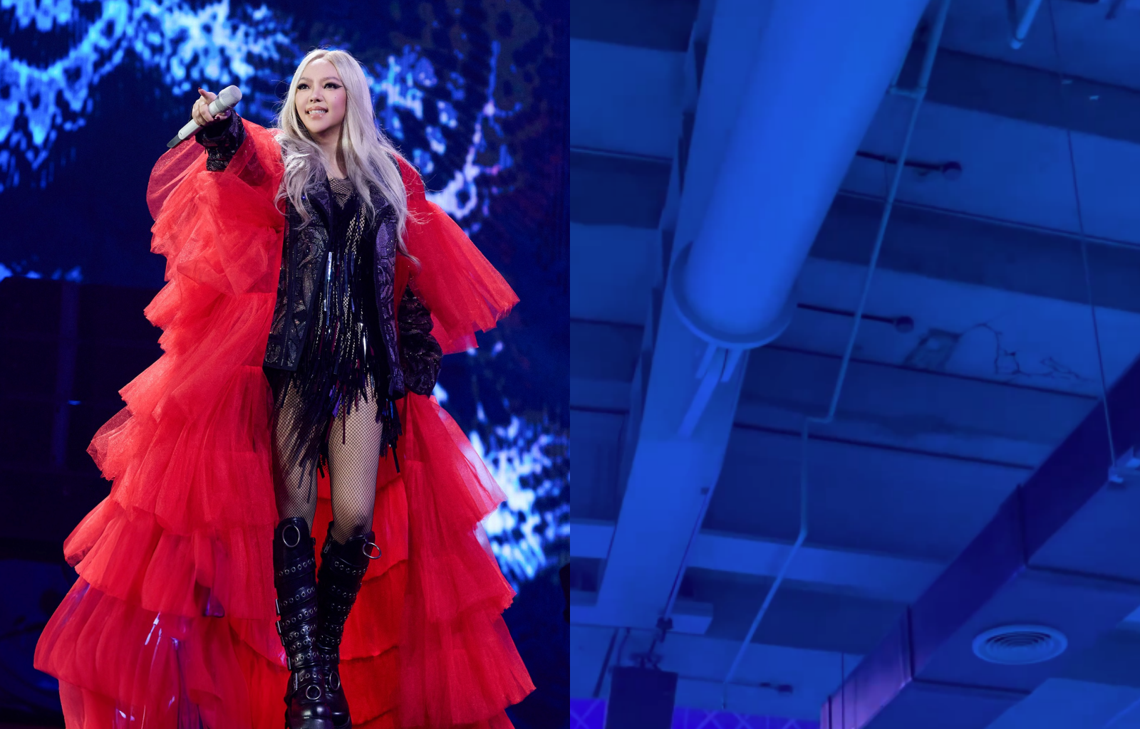 張惠妹近期在台北大巨蛋開唱，有觀眾在演出進行中赫然發現上層的看台底部有裂痕。（合成圖，左為聲動娛樂提供、右翻攝自threads@elon181）