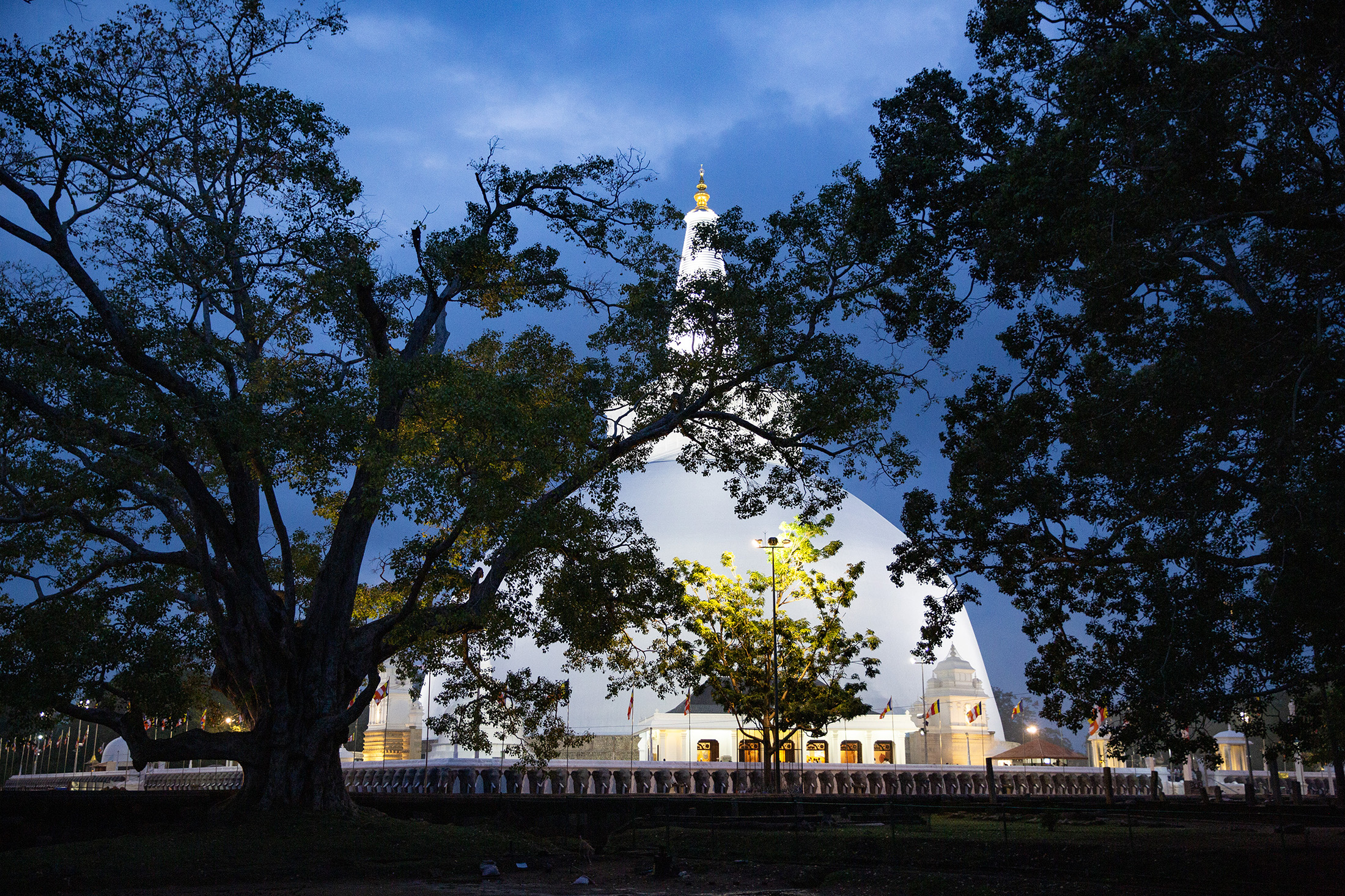 夕陽將深藍色天幕拉下，純白的「魯萬維利薩亞大塔」在夜色中散發聖潔光芒。