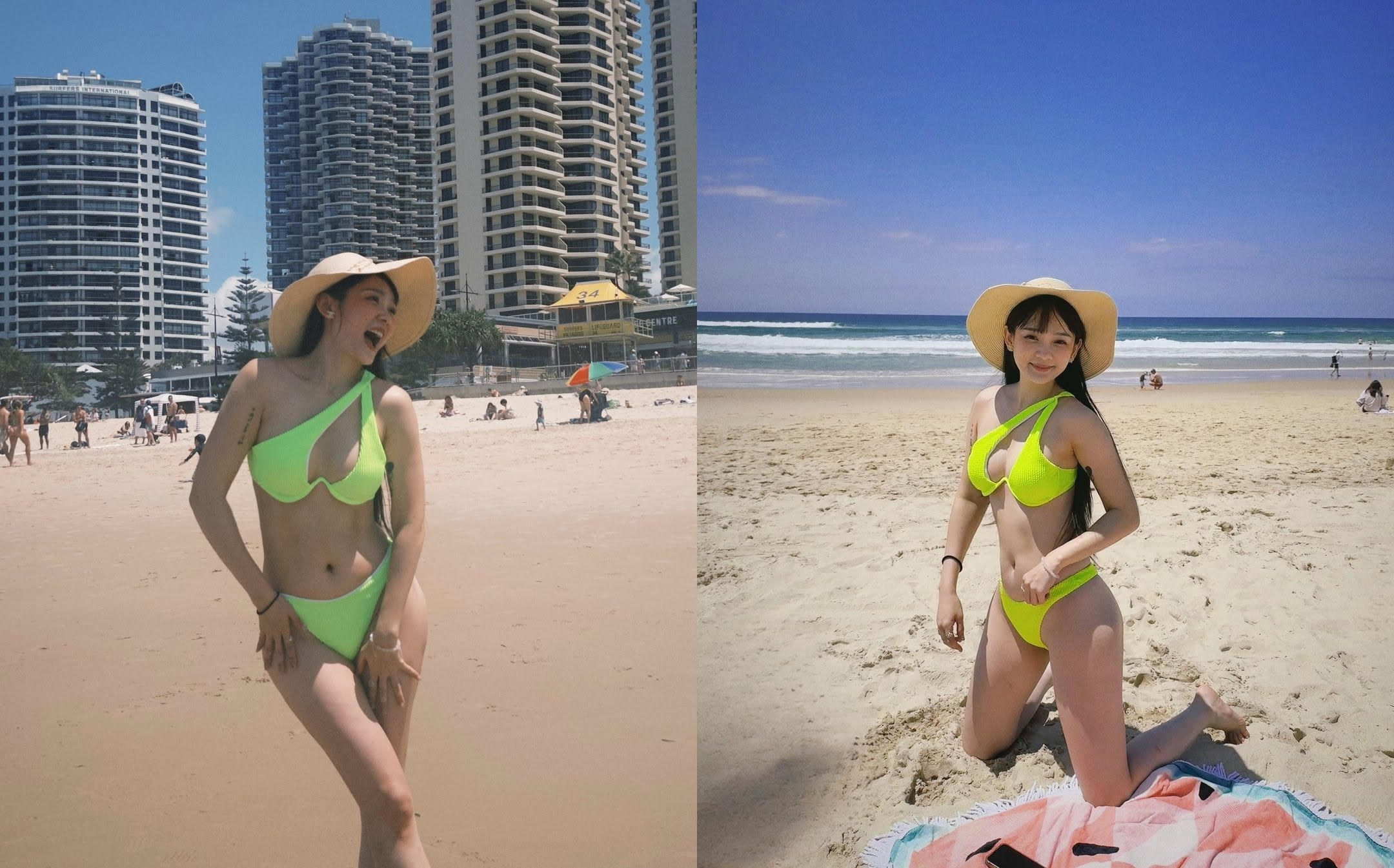 「籃球女神」洗菜近日在澳洲度假，大方曬出海邊比基尼辣照。（翻攝IG@jumi0118）