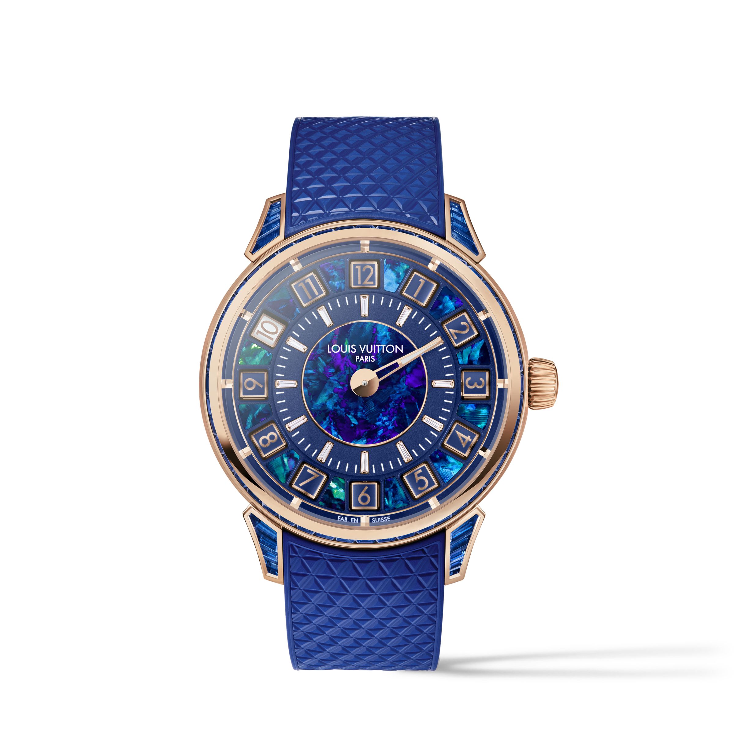 Tambour Spin Time澳洲歐泊石玫瑰金腕錶｜型號W9PG42／錶徑39.5mm／18K玫瑰金錶殼／分鐘、翻轉小時指示／LFT ST13.01自動上鍊機芯／動力儲存約45小時／防水約100米