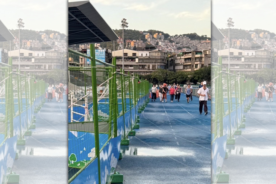 中和區錦和運動公園因地下停車場施工造成多處故障，跑道多處積水、鋪面隆起，導致民眾運動跌倒。（張維倩服務處提供）