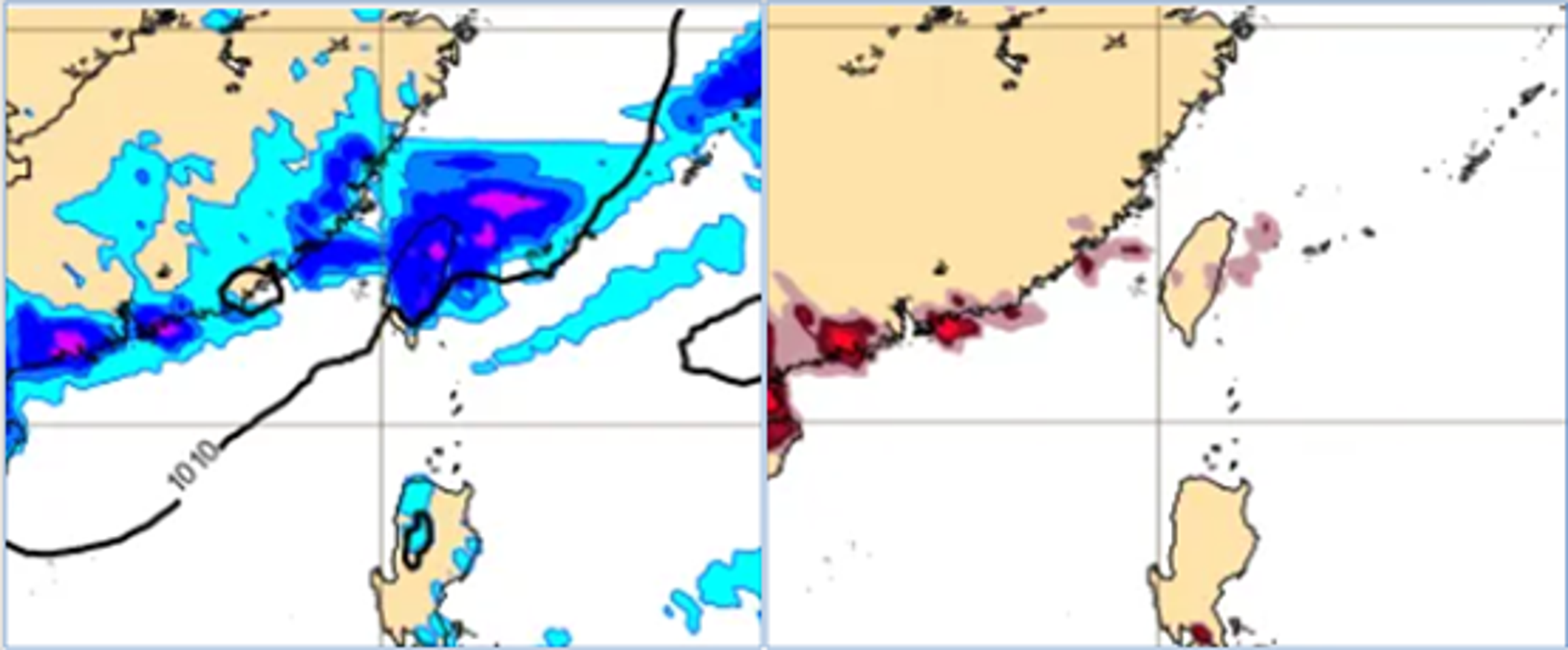 左圖為明日14時地面氣壓及降水模擬圖顯示,鋒面影響,中部以北、東半部及南部山區、有局部陣雨或雷雨。右圖為明日14時閃電頻率(前6小時累計)模擬圖顯示,鋒面伴隨閃電,但頻率偏低。(翻攝自氣象應用推廣基金會專欄)