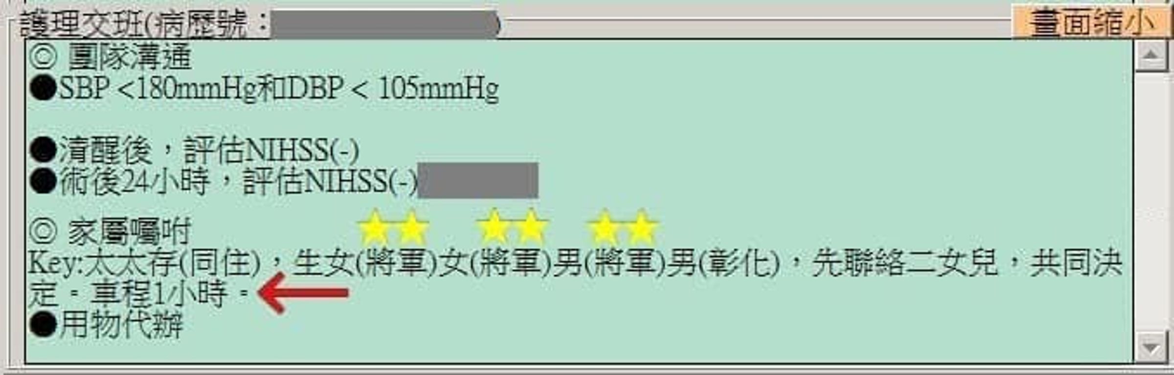 陳志金查房時看到護理交班記錄,一度以為病人家屬中出了3位「將軍」。(翻攝自Icu醫生陳志金臉書)