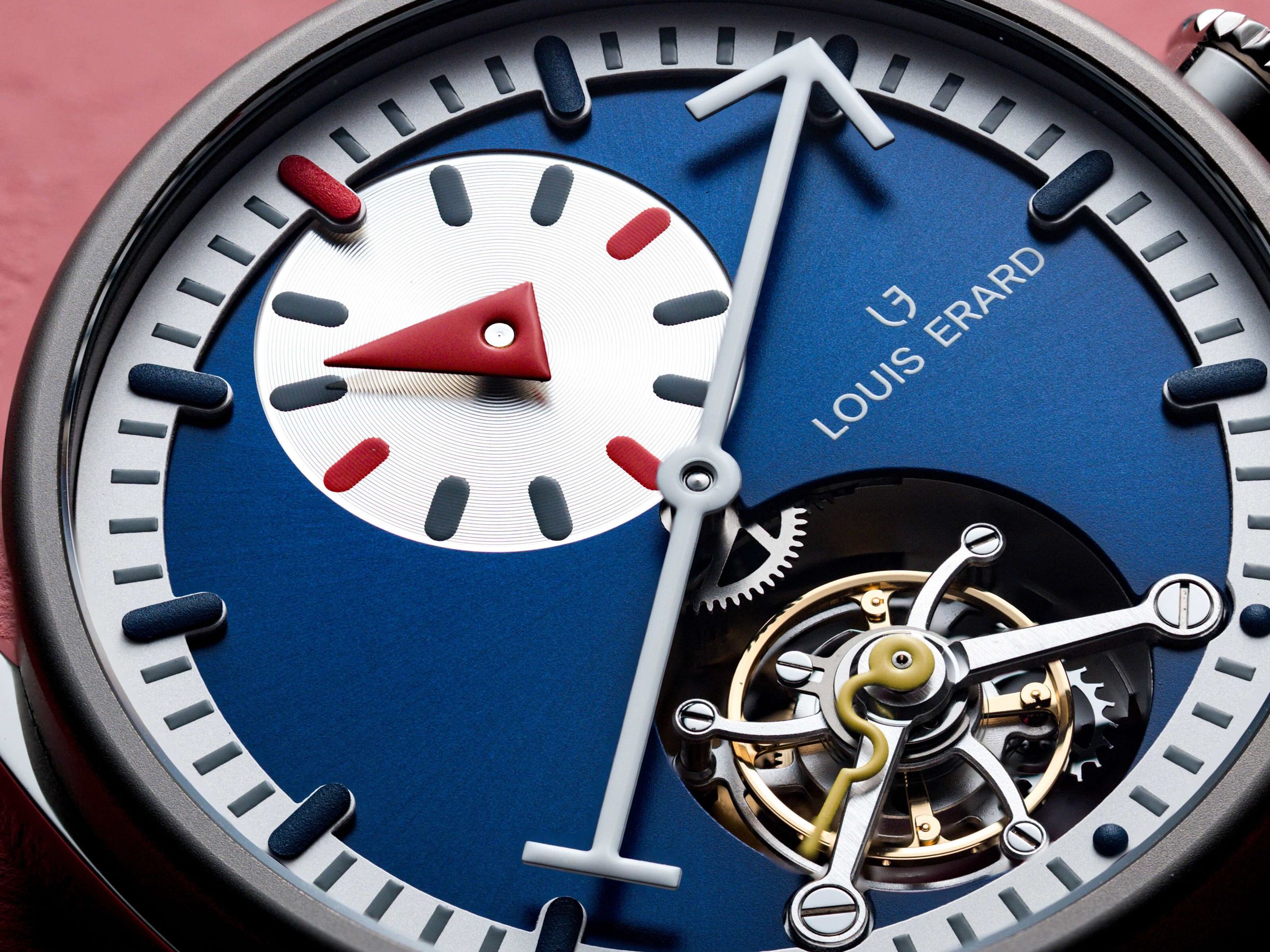 更高階的Régulateur Tourbillon Blue，陀飛輪上方的黃色小秒針格外可愛！Tourbillon Régulateur腕錶：直徑40mm 鈦金屬錶殼／時間指示；陀飛輪／BCP T02手上鍊機芯／防水100米／參考價NT$739,800（每年限量50只）