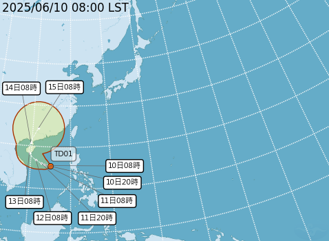 南海的熱帶擾動於今天早上發展成熱帶性低壓。（翻攝自氣象署官網）