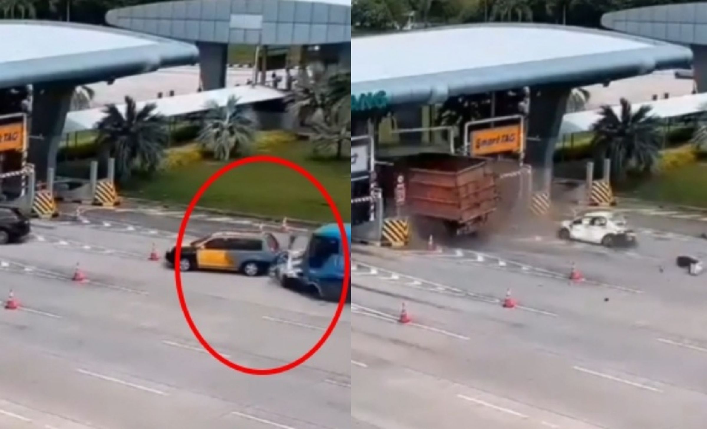 馬來西亞雪蘭莪州武吉加影收費站車禍現場,砂石車翻覆後一片狼藉。(翻攝自Threads)