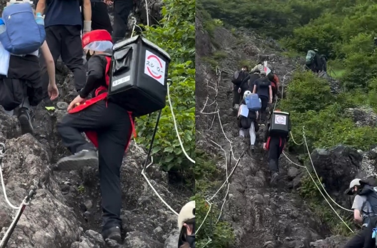  一名香港網友前往日本攀登富士山時，驚見一名身穿「壽司郎」制服的外送員，手提兩大盒壽司並背著大型保溫箱一路攻頂，畫面曝光後引發網路熱烈討論。（翻攝自threads/haruka0sy）