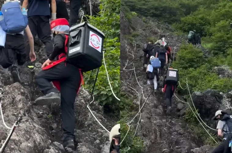 到底誰在富士山叫外送啦？「壽司郎外送員」背保溫箱提2盒壽司攻頂　超狂畫面瘋傳