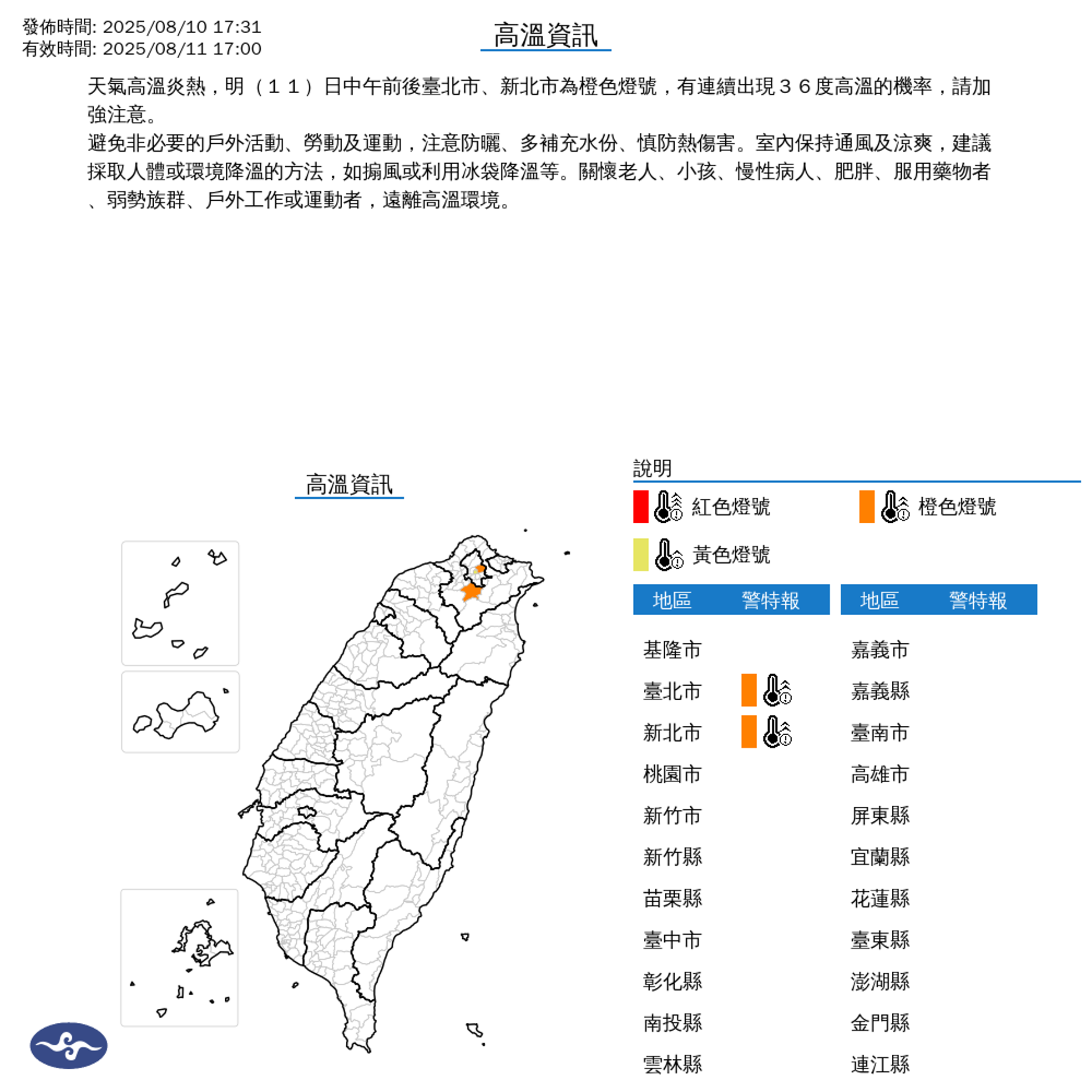 雙北今天高溫達36度橙色警戒,提醒民眾防曬、補水、防熱傷害。(中央氣象署提供)