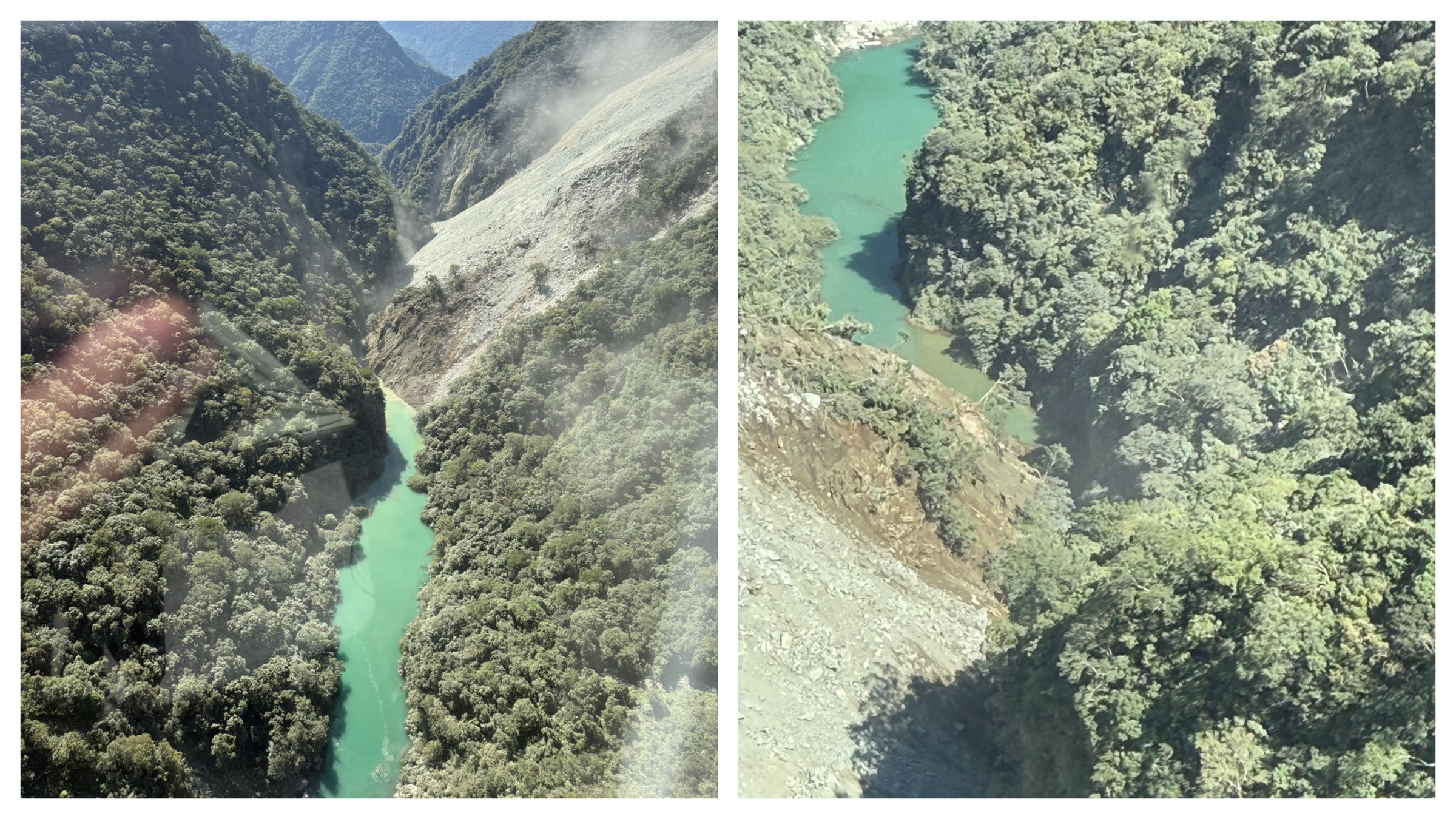 花蓮萬里溪上游21日發現因河岸大規模崩塌進而阻塞河道形成堰塞湖。（林保署提供）