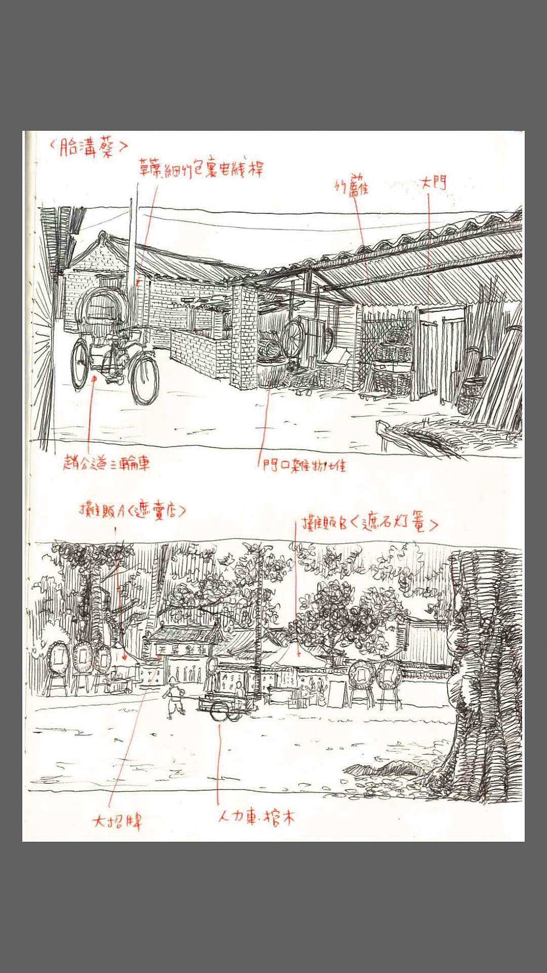美術指導王誌成手繪片中極樂殯儀館門口陳設景觀。(王誌成提供)