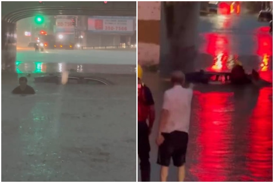 台南一車輛誤入地下道慘遭滅，所幸及時逃脫，未釀成憾事。（翻攝自Threads@172_fei_fei））