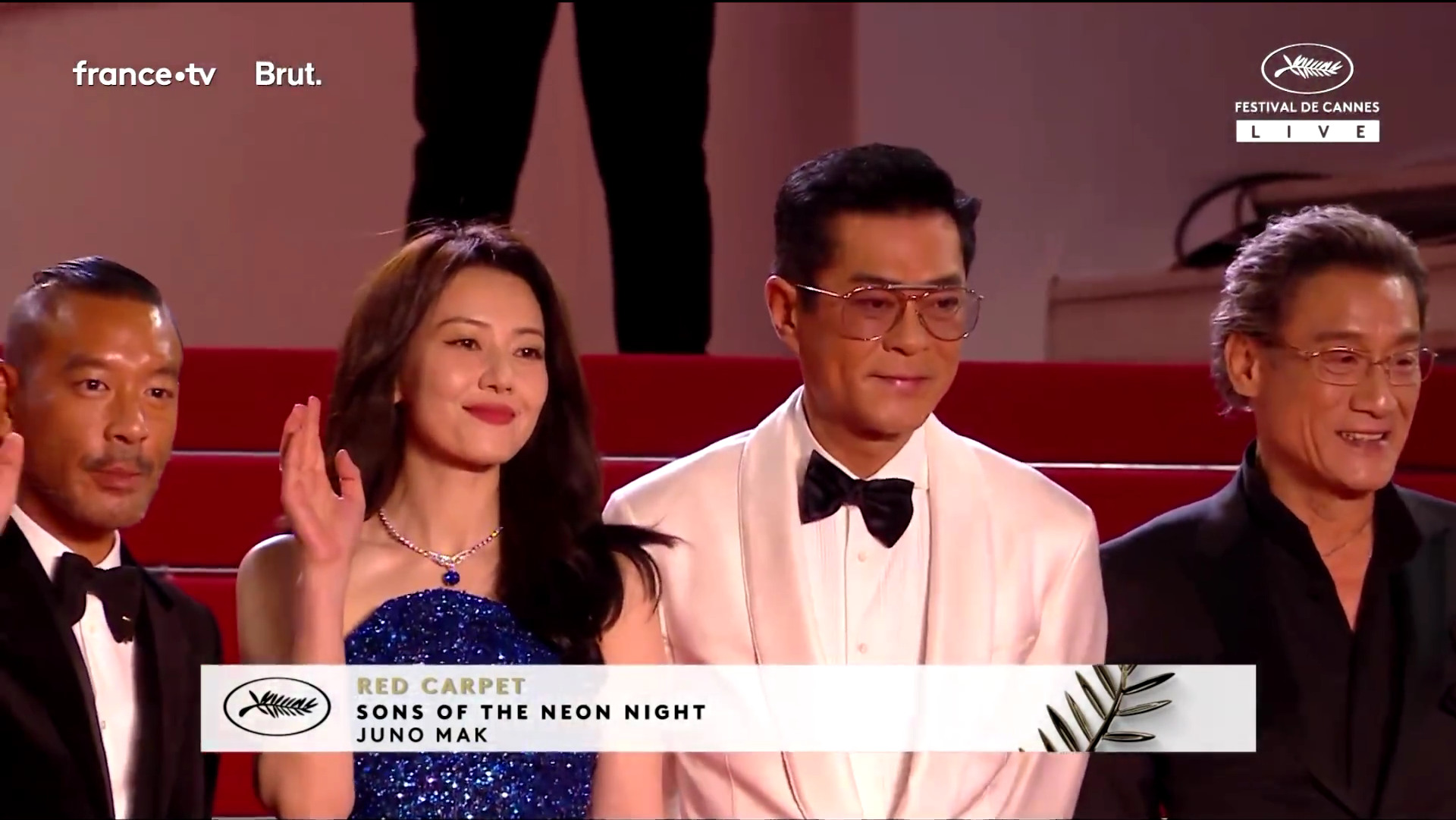 導演麥浚龍（左起）、高圓圓、古天樂、梁家輝出席《風林火山》在坎城的全球首映。（翻攝自直播畫面）