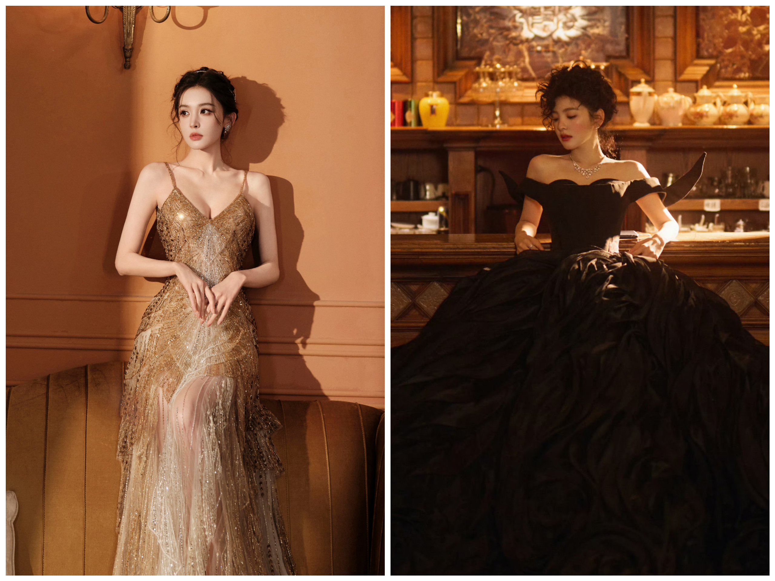 大陸女星古力娜扎（左）與章若楠的禮服都美麗無比，但反而都容易讓人摔倒。（章若楠、古力娜扎工作室）