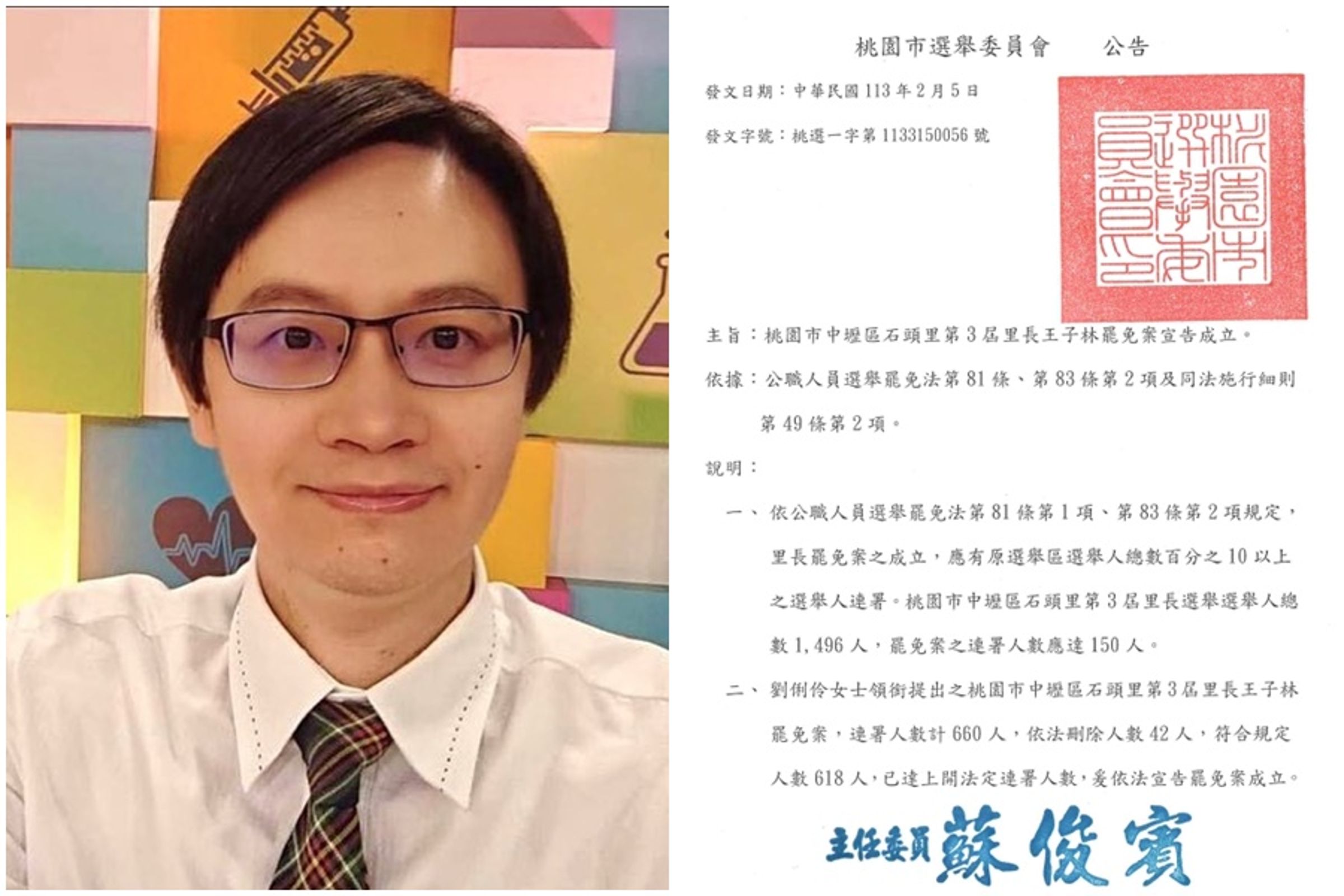 桃園市中壢區石頭里里長王子林(左)因當選後鮮少露面,引起里民不滿連署罷免案。(左圖翻攝自王子說Prince Say-心臟科王子林醫師臉書粉專,右圖翻攝自桃園市選委會網站)
