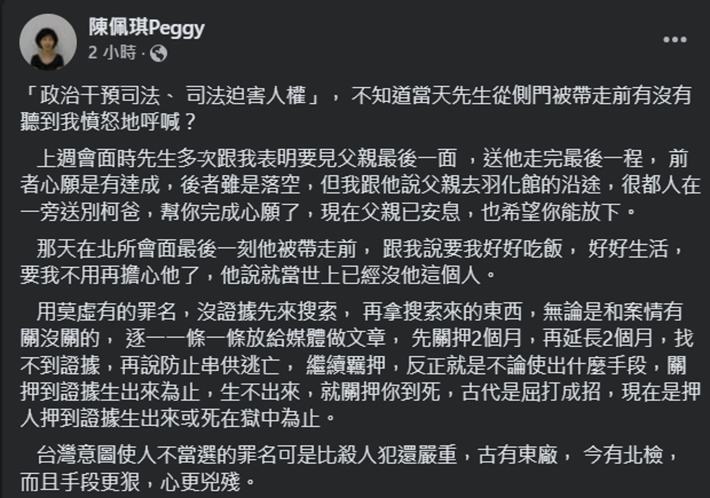 陳佩琪發文再打悲情牌,同時再度砲打北檢。(翻攝自臉書@陳佩琪)