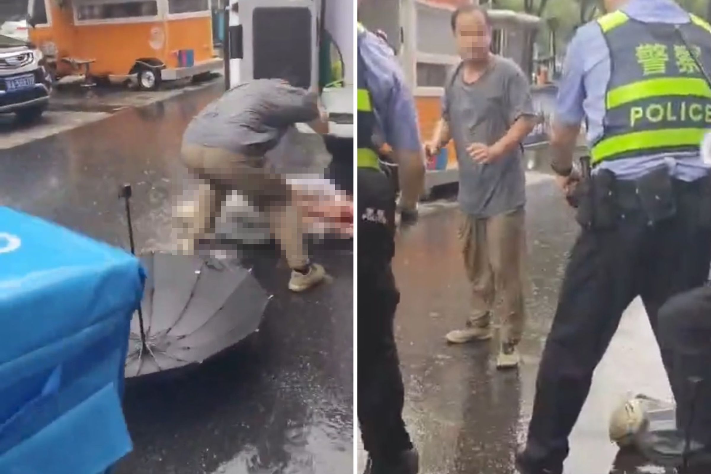 中國男衝救護車猛刺躺擔架男，非常嚇人。（翻攝X）