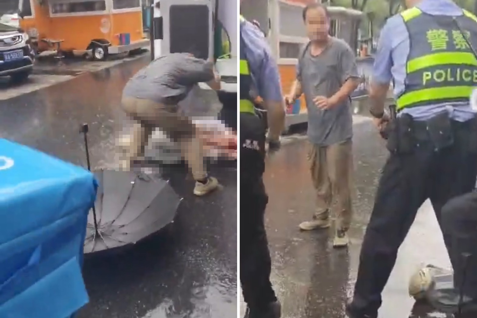 中國男衝救護車猛刺躺擔架男，非常嚇人。（翻攝X）