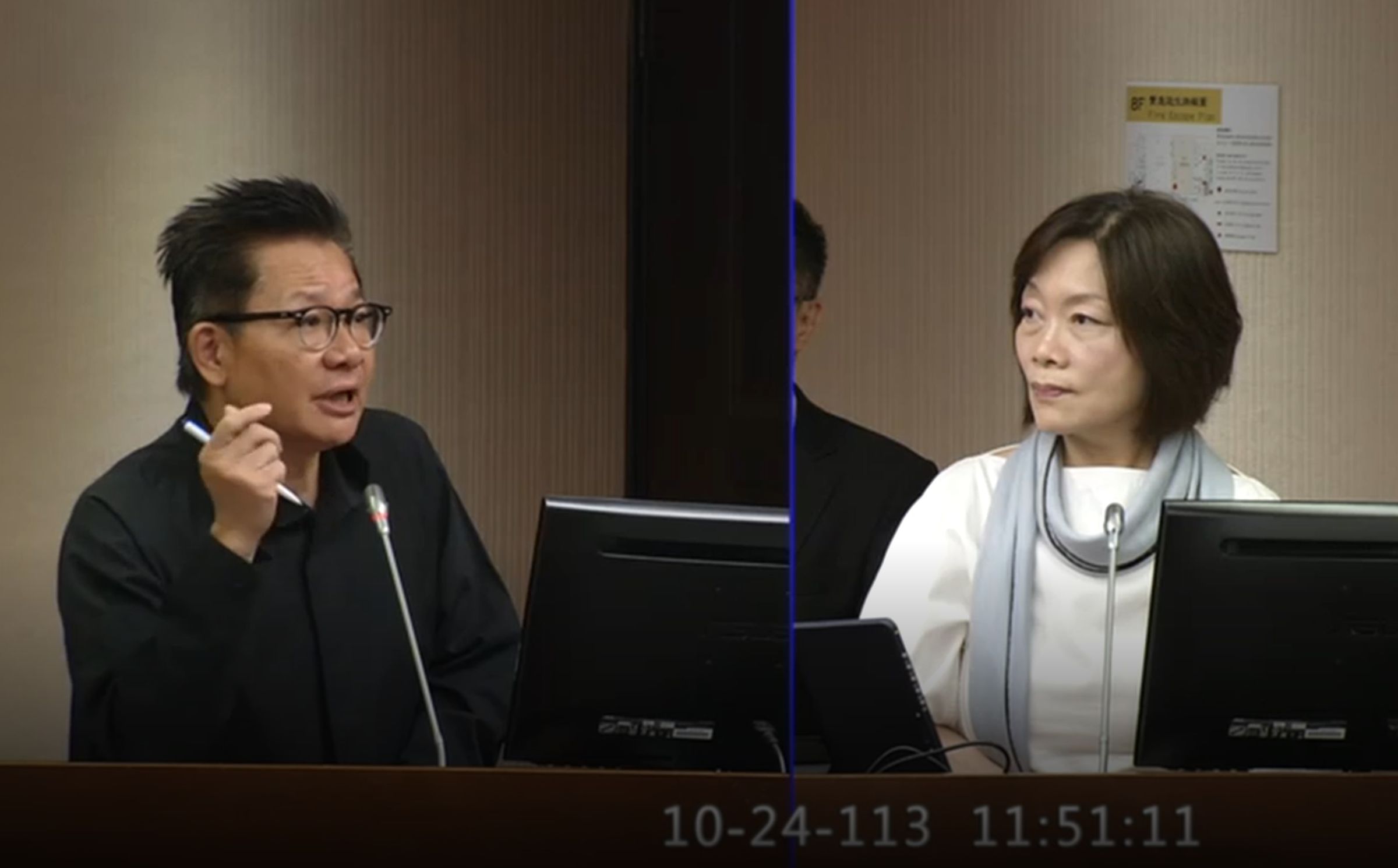 立委吳春城（左）提案《壯促法》草案，今在立院社會福利及衛生環境、經濟委員會聯席審查，勞動部長何佩珊（右）列席備詢。（翻攝自國會頻道）