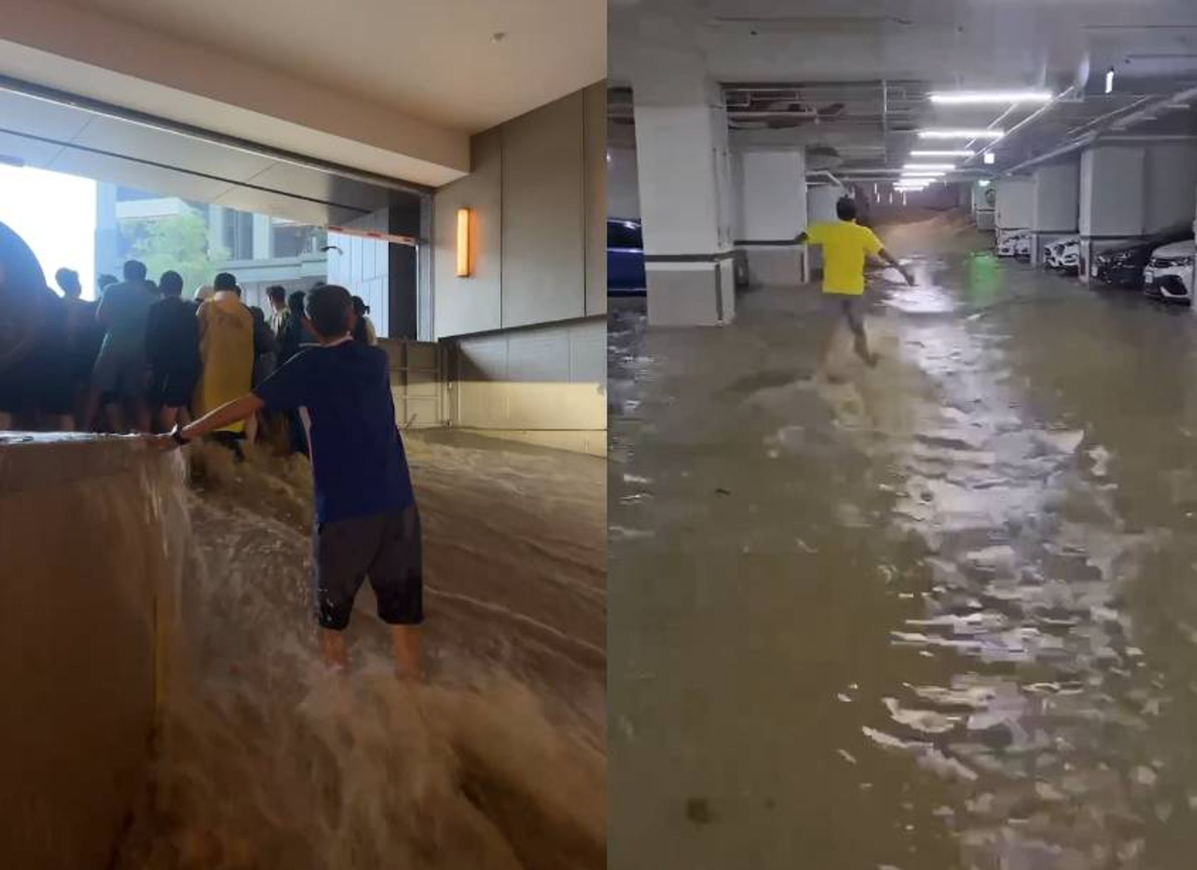 翡翠流域大樓地下室被水灌入,不少車已泡水,民眾團結要肉身擋水。(翻攝記者爆料網)