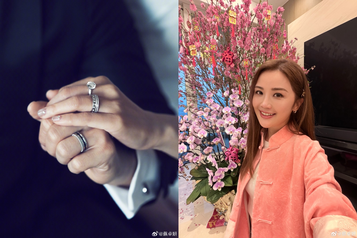 阿Sa在結婚喜訊發文中秀出的鑽戒加對戒價格粗估約262萬台幣，若以她超過2億港幣（8億台幣）的身家不算貴。（蔡卓妍微博）