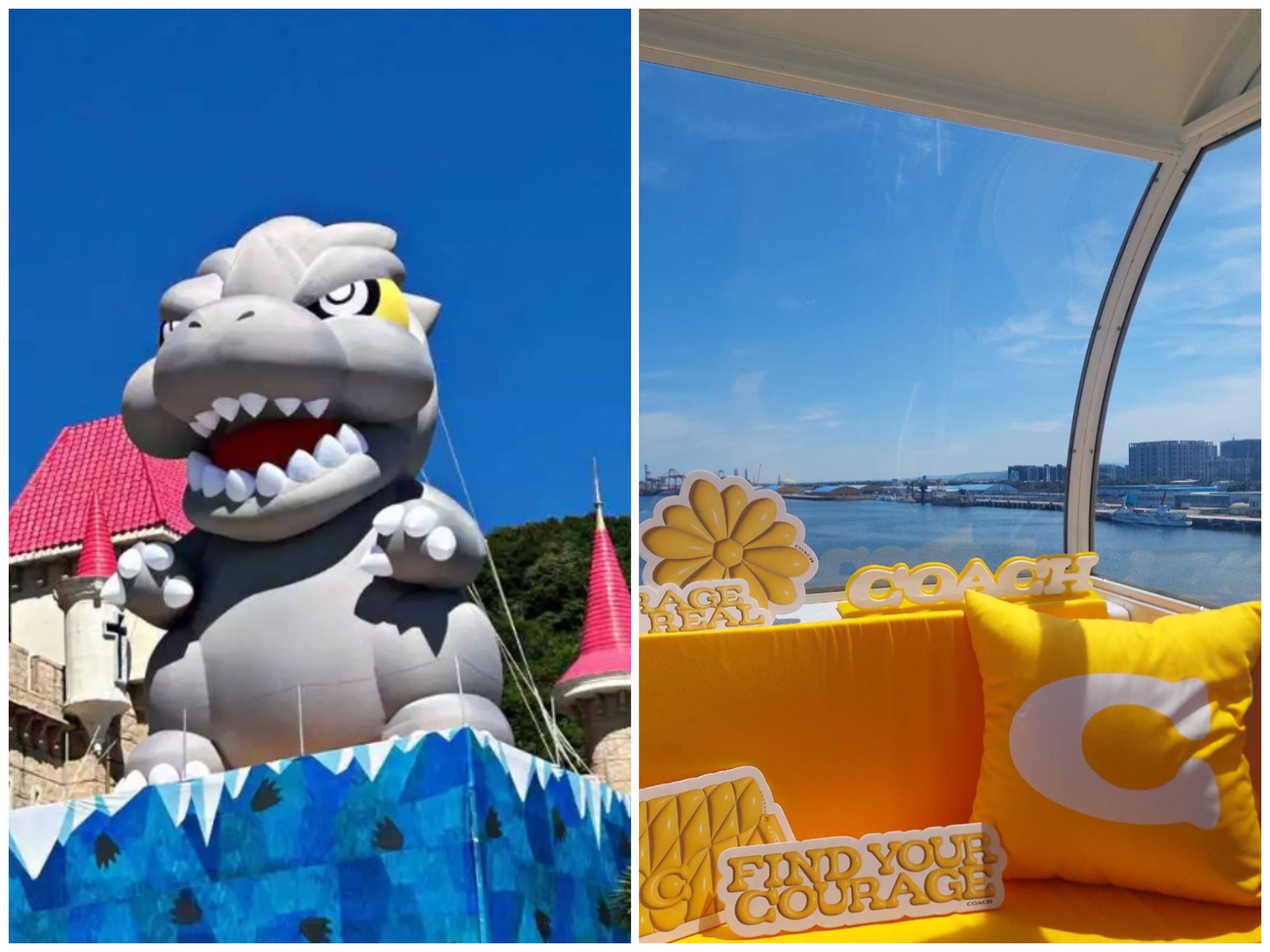 暑假期間,花蓮遠雄海洋公園及三井OUTLET PARK台中港分別出現巨大哥吉拉、COACH摩天輪,超級吸睛。(翻攝自花蓮遠雄海洋公園官網、台中之星摩天輪三井OUTLET PARK台中港官方粉絲團)