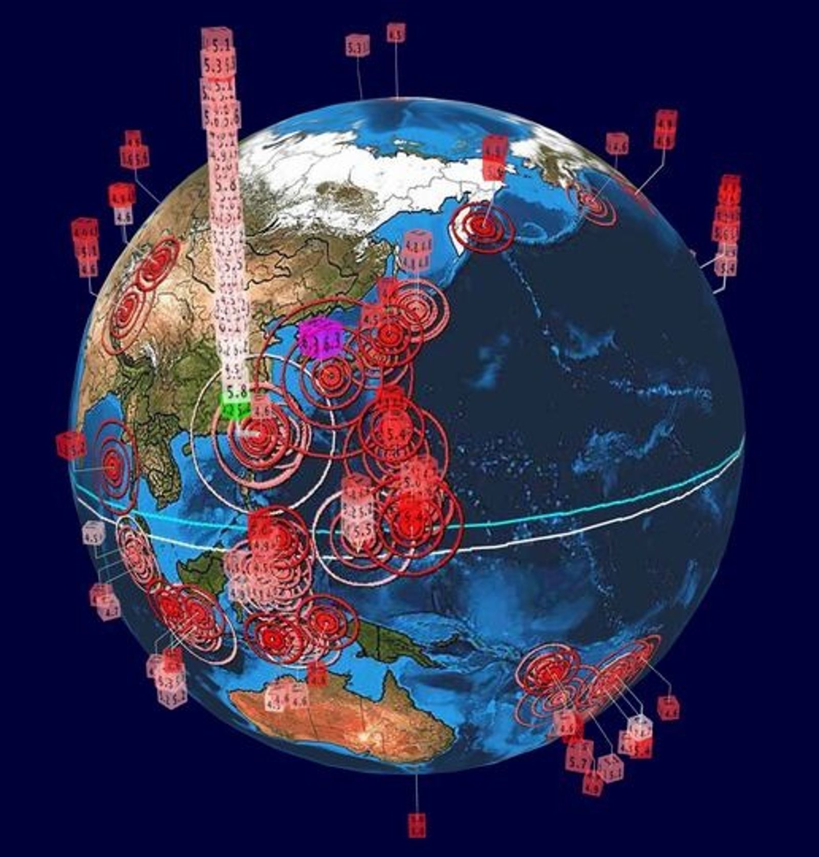 有網友分享3D圖，明顯可見台灣過去24小時內的地震相當密集。（圖／翻自臉書）