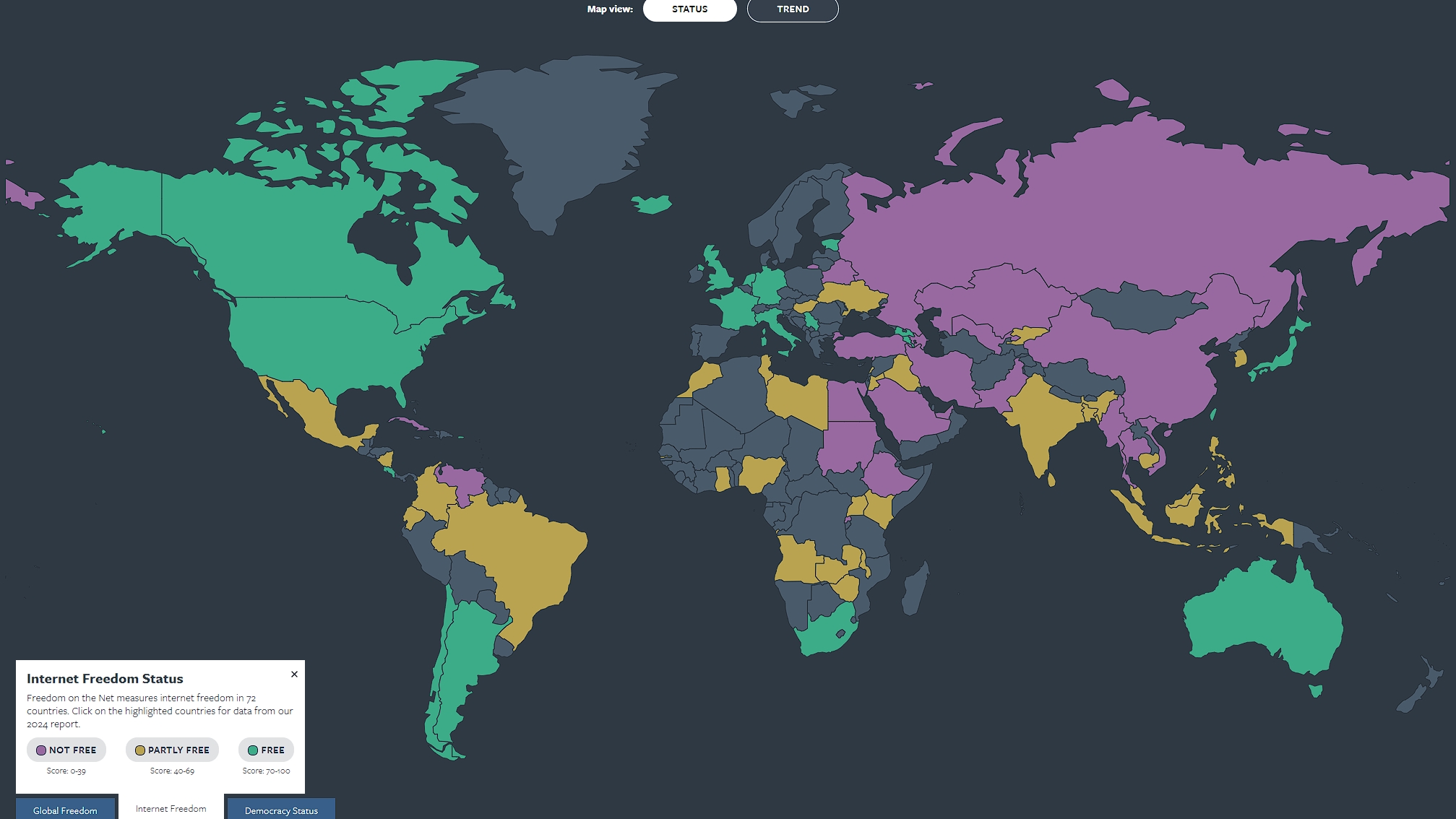 全球網路自由度調查，台灣拿下79分，在全球排名第7。（翻攝自freedomhouse.org）
