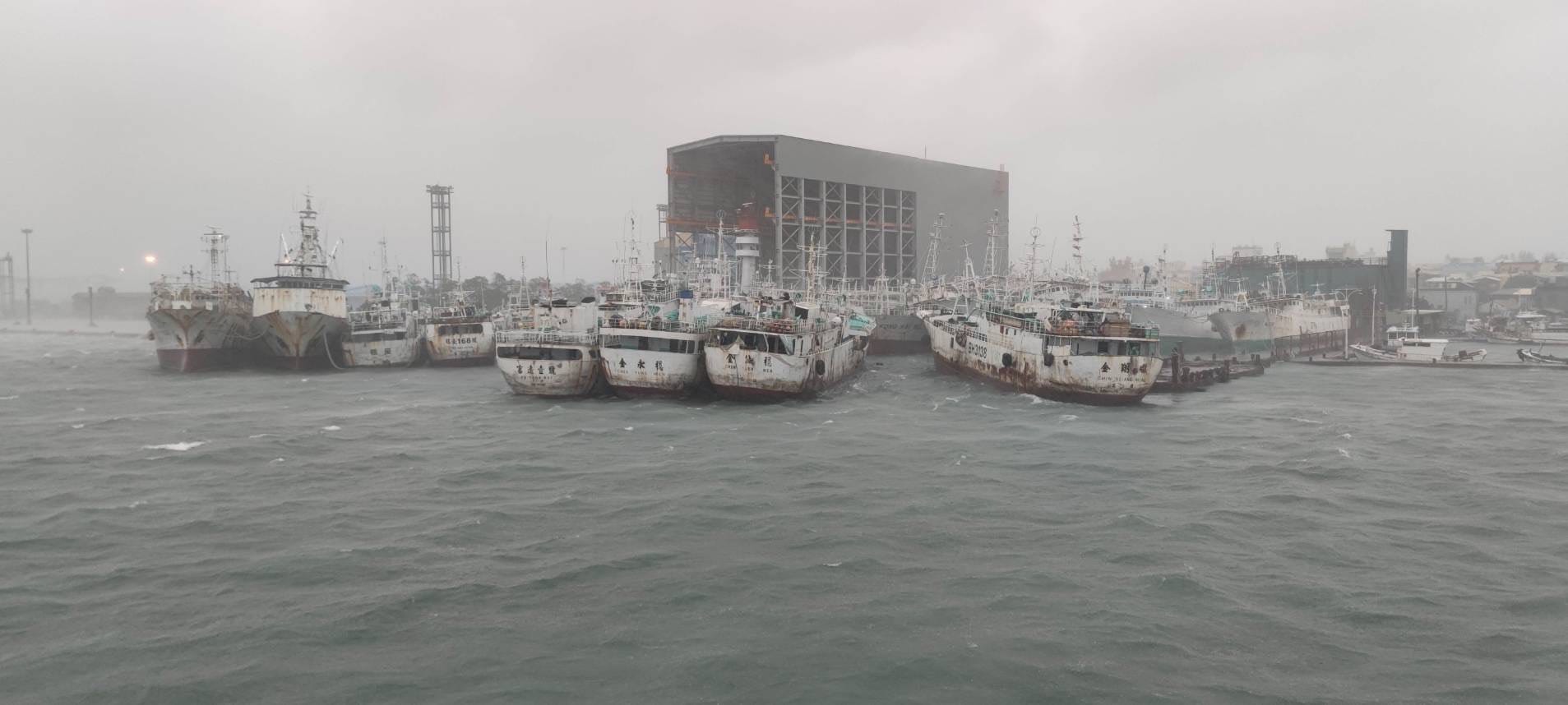 前鎮漁港內停泊的漁船不敵強風吹襲，斷纜漂走。（台灣港務公司提供）