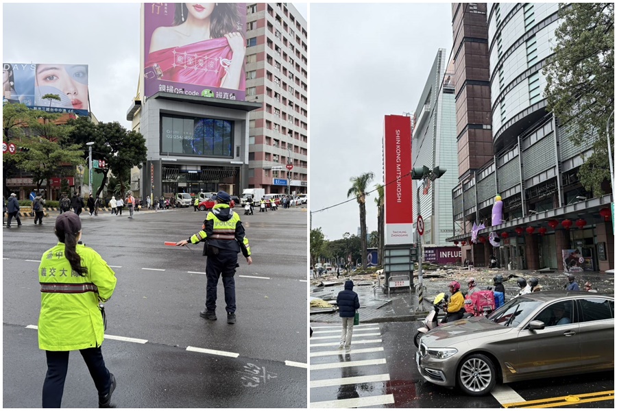 台中新光三越發生氣爆事故，現場管制範圍再擴大。（民眾提供）