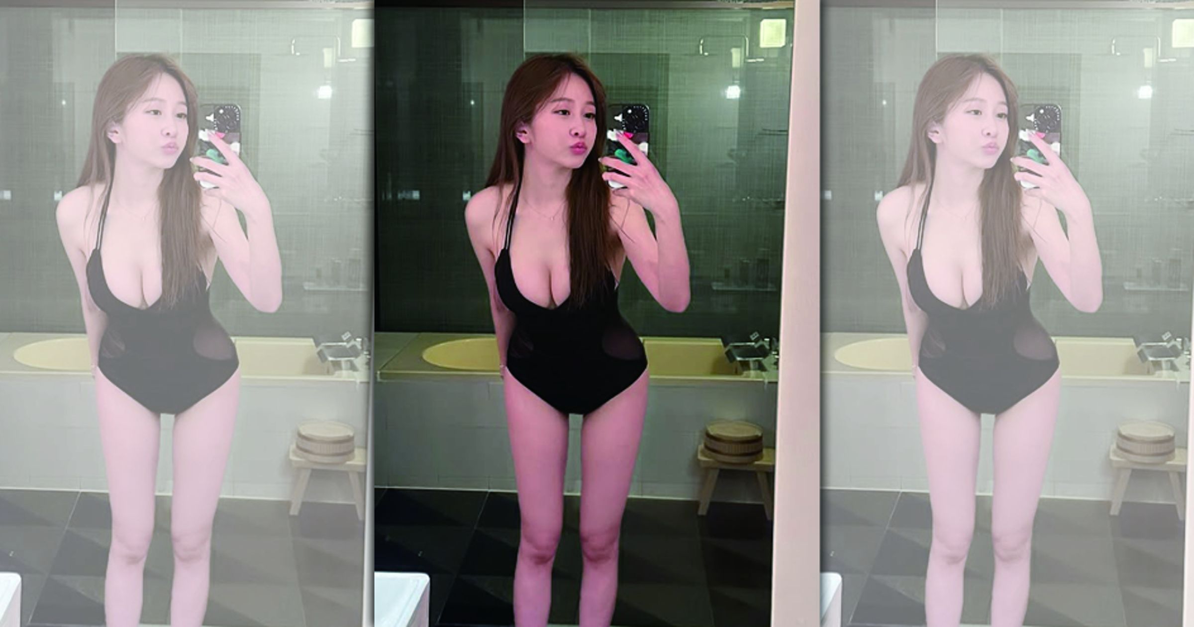 篠崎泫曬出穿黑色連身泳裝露出胸前深V泳裝照。（翻攝自篠崎泫IG）