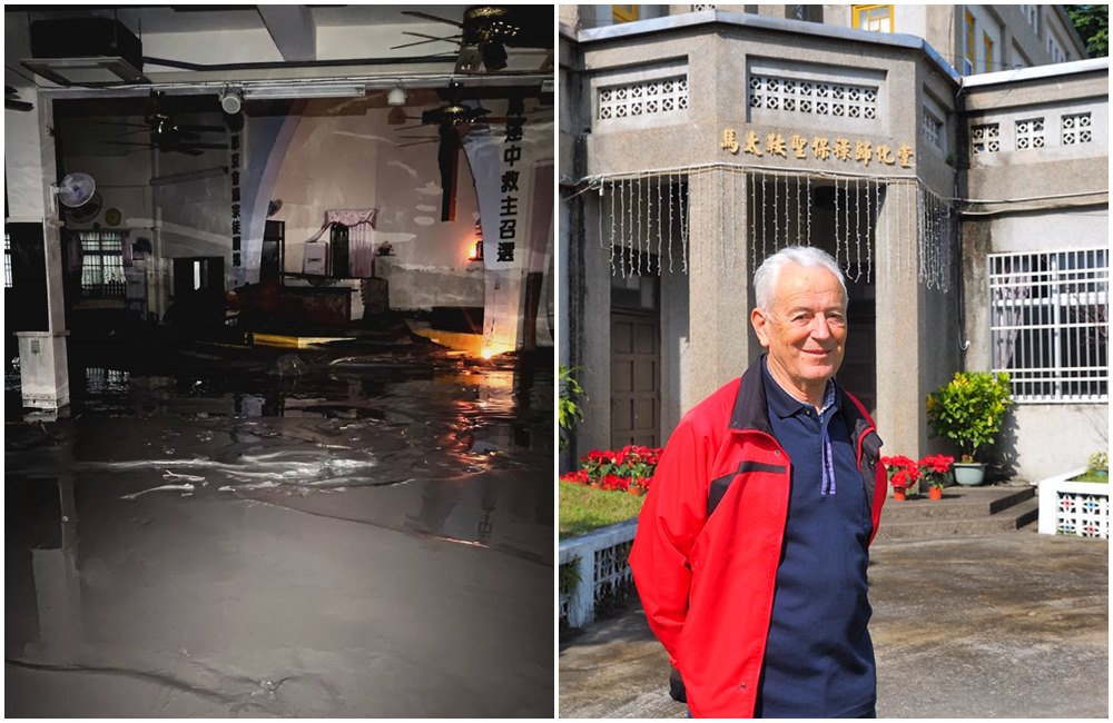 花蓮光復馬太鞍天主堂遭遇洪災後全毀（左圖），法籍本堂神父呂德偉（右圖）一度失聯，所幸已找到人，平安無事。（教友提供、翻攝程若石臉書）