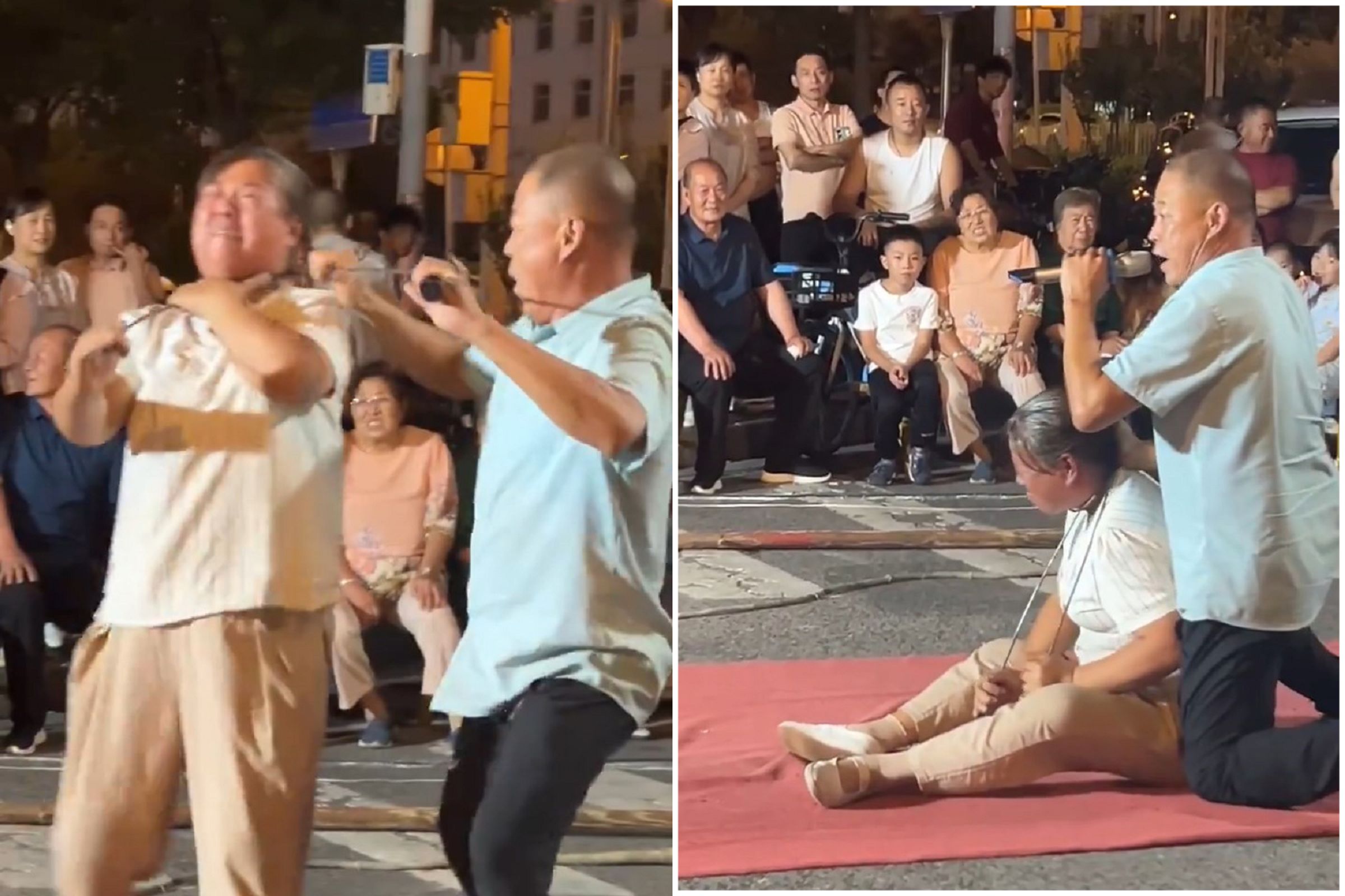 討生活不易！中國大媽表演雜耍被勒頸，吐血險窒息也撐下去。（翻自X平台）