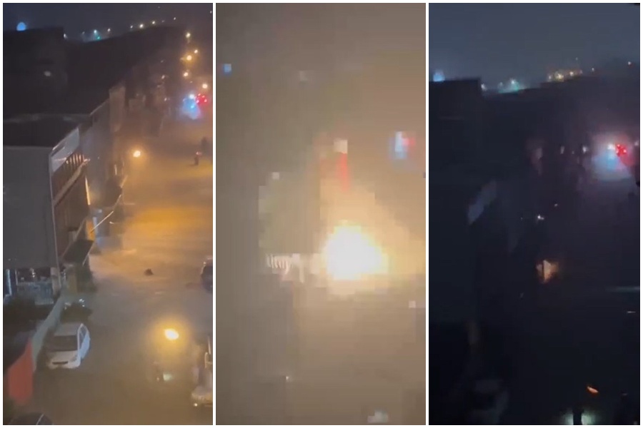 颱風豪雨猛灌宜蘭，蘇澳旁一家全聯賣場旁的變電箱，疑似因為積水短路爆炸。（翻攝自記者爆料網）