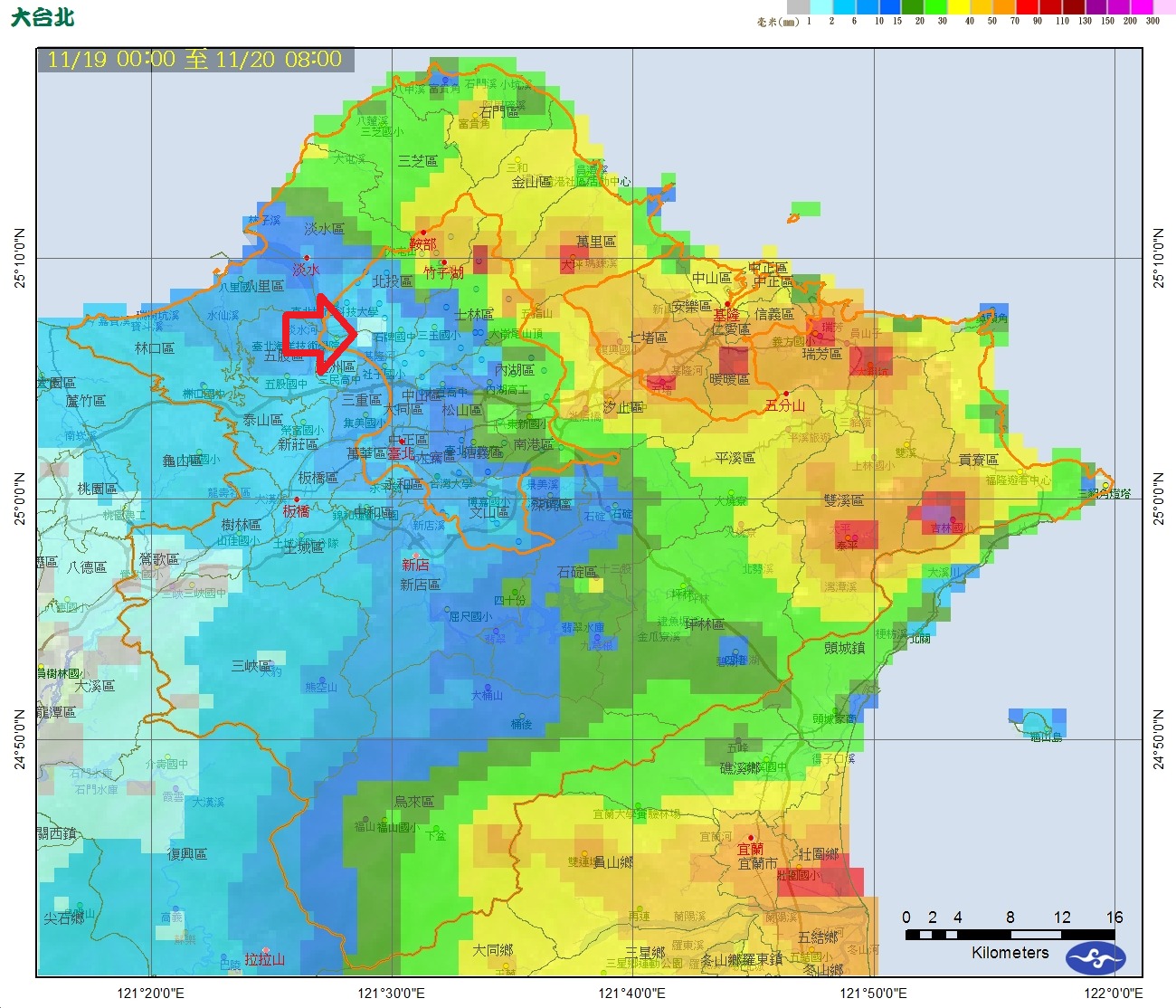 鄭明典曝累積雨量圖有一處顯示幾乎沒下雨。（翻攝自鄭明典臉書）