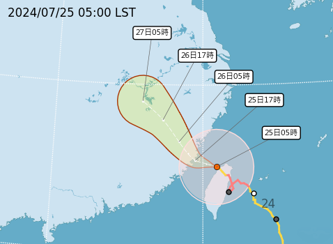凱米颱風25日04時20分左右在桃園市新屋區附近出海。（中央氣象署提供）