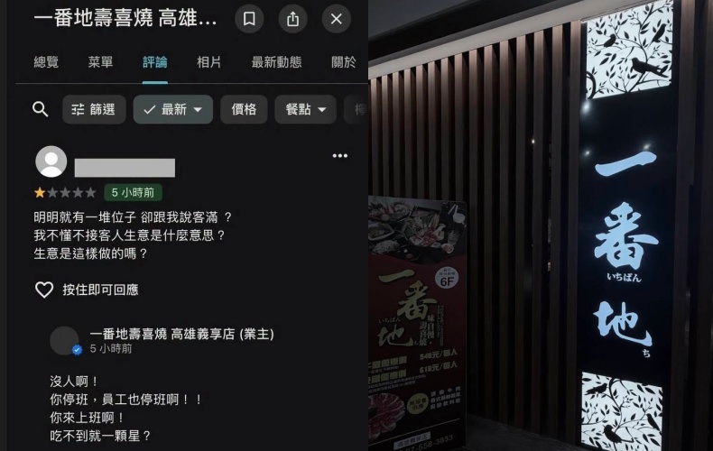 高雄市受到米克拉颱風影響宣布停班停課，一番地壽喜燒高雄義享店因現場員工不足婉拒接客，竟遭未訂位顧客刷一星負評。一番地壽喜燒業者不甘示弱霸氣反擊，引發大批網友湧入Google評論區刷五星好評支持。（翻攝自google maps）