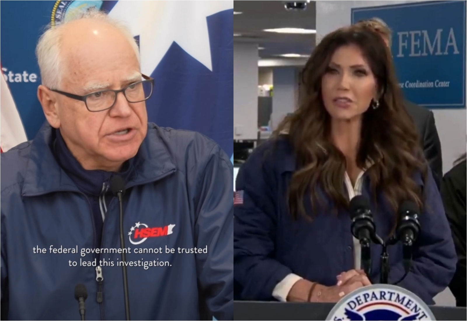 3週內發生2起民眾遭聯邦官員殺害的事件，明州州長華茲和國土安全部長諾姆隔空互槓。（翻攝自X）