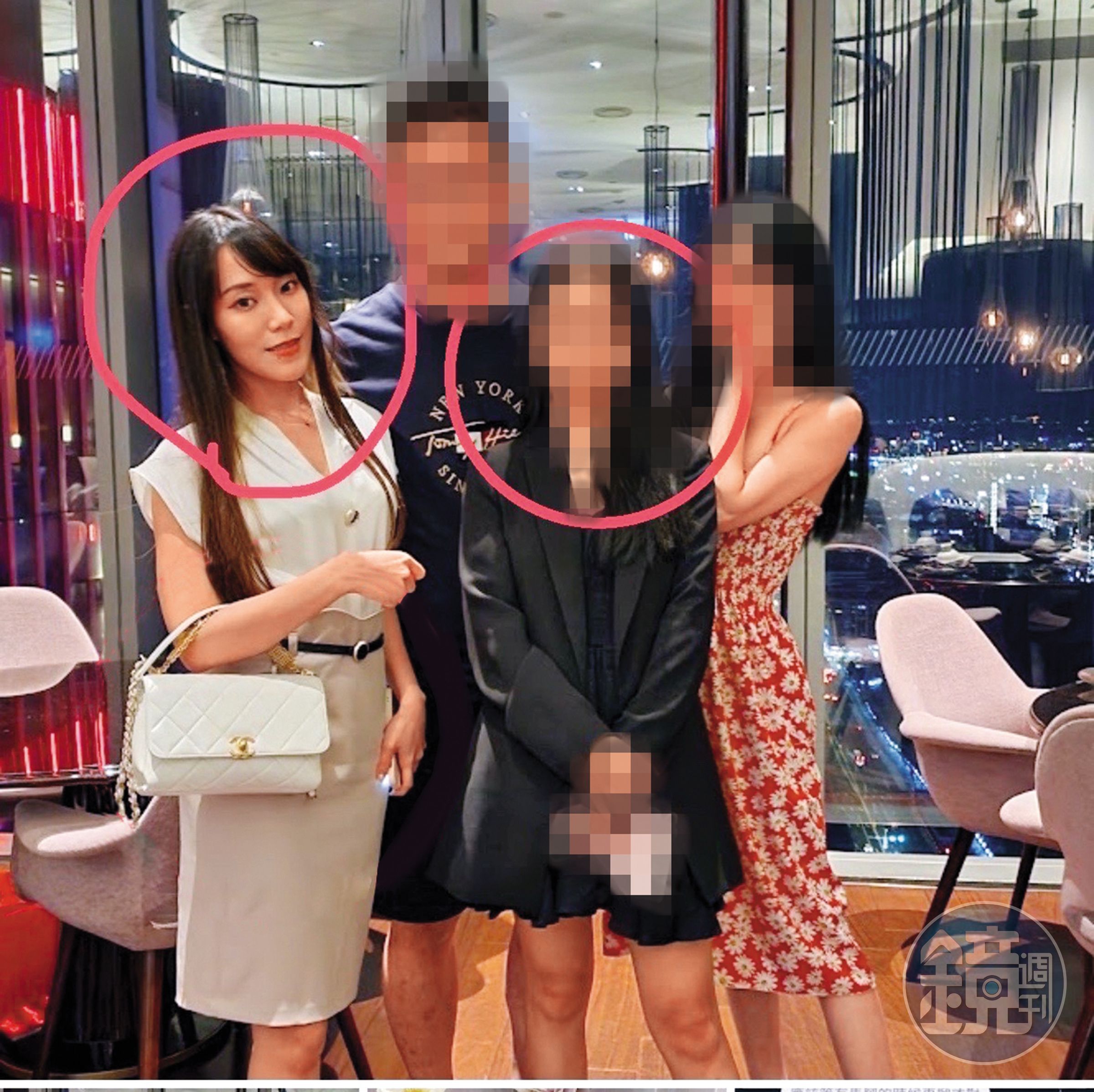 奈奈子(左一)帶著姐妹一起出席富商的五星級酒店飯局,而圖中有兩女(紅圈處)都被正宮發現有和富商的性愛影片。(讀者提供)