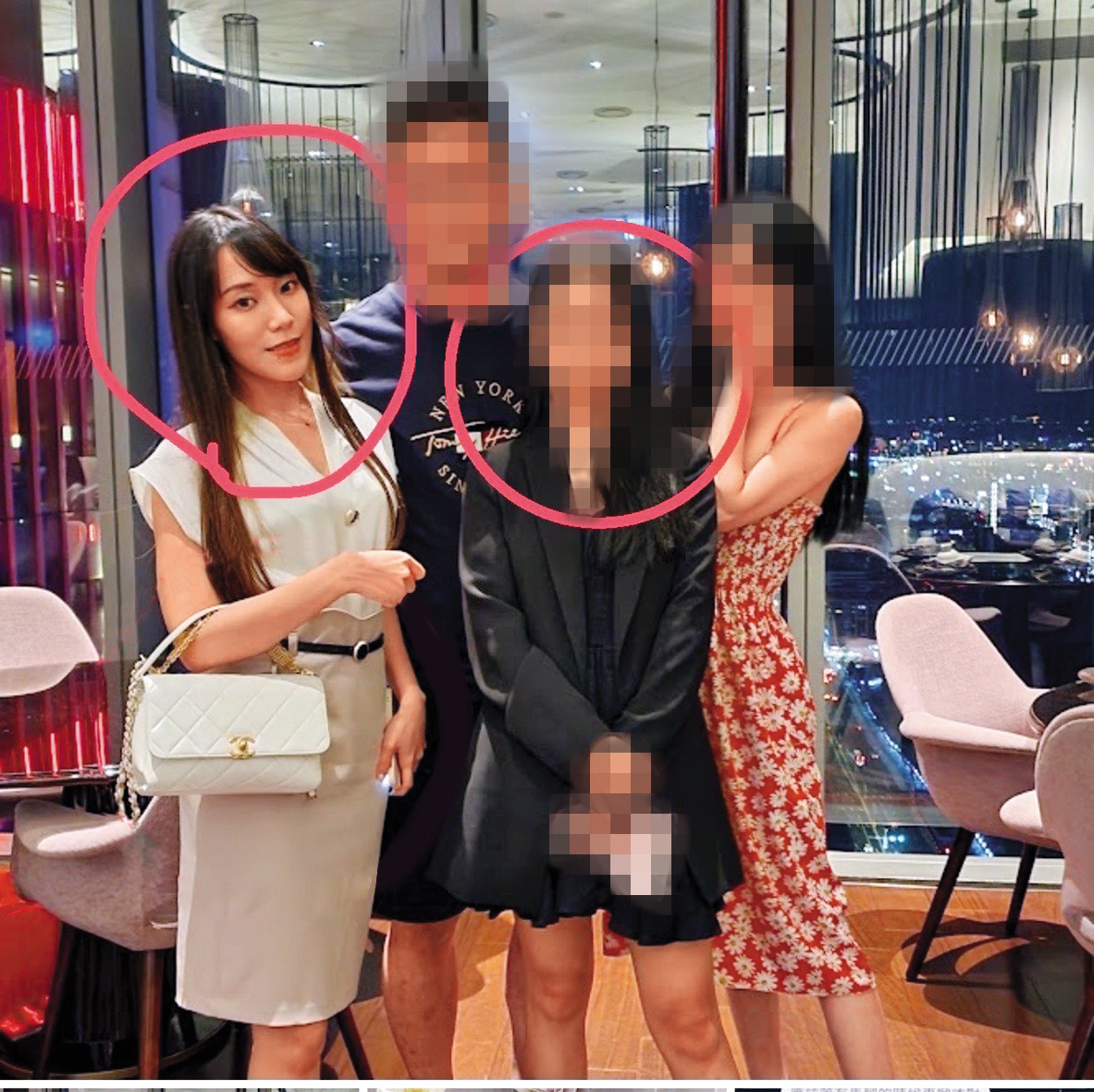 奈奈子（左一）帶著姐妹一起出席富商的五星級酒店飯局，而圖中有兩女（紅圈處）都被正宮發現有和富商的性愛影片。（讀者提供）