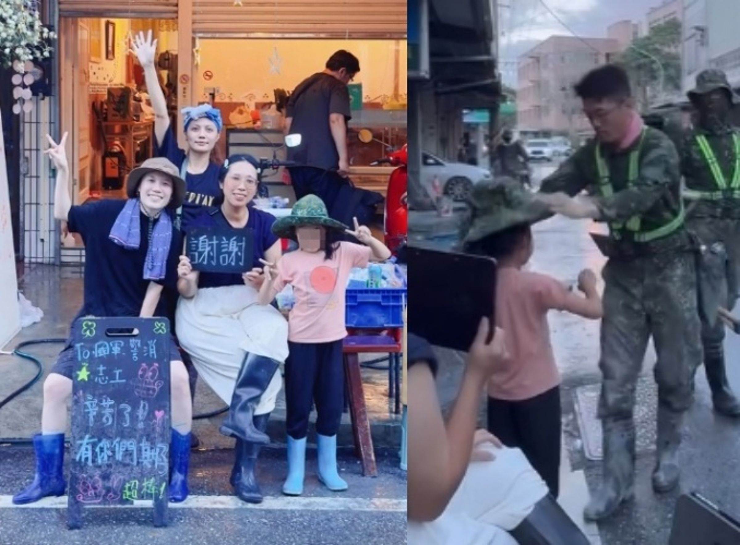 國軍官兵拿著叢林帽走向小女孩身邊,親手為她戴上,這一幕感動全網,小女孩也很珍惜地一直戴著。(Threads網友hsiu_0323授權提供)