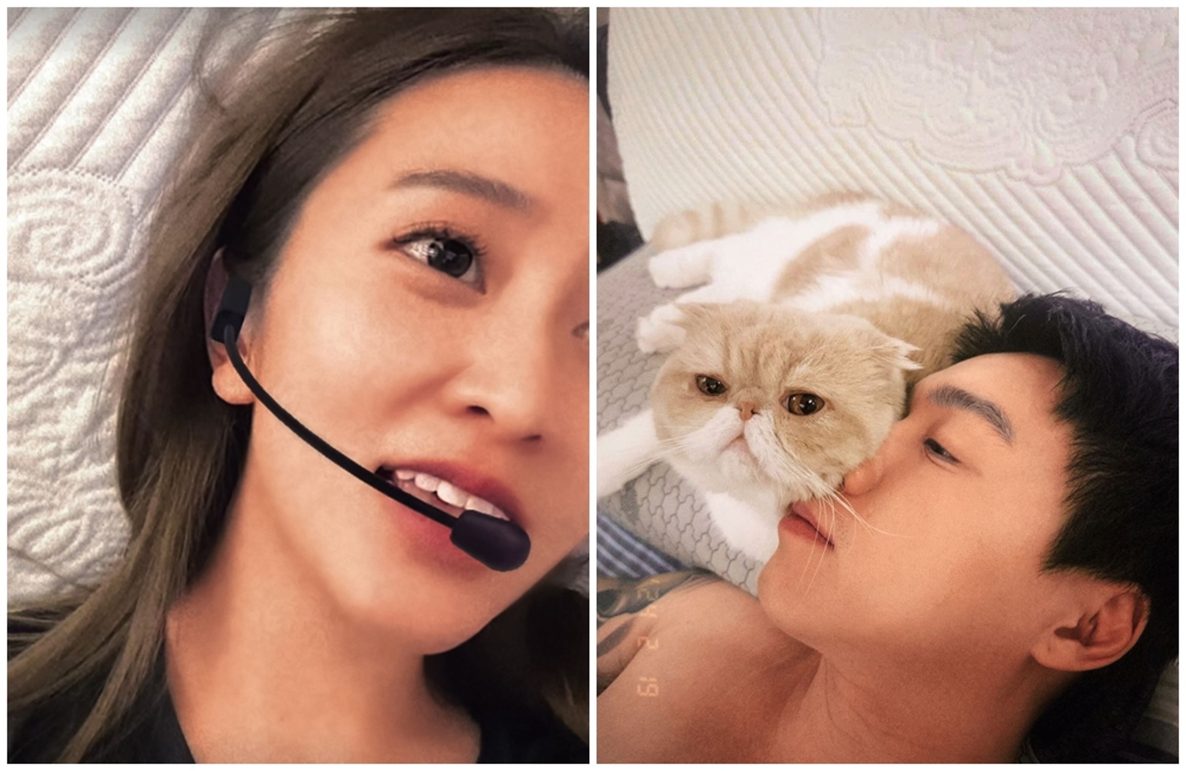 篠崎泫(左圖,翻攝自篠崎泫IG)和Toyz(右圖,翻攝自Toyz IG)一前一後分享的日常片段中,出現相同花紋的枕頭套,引發聯想。